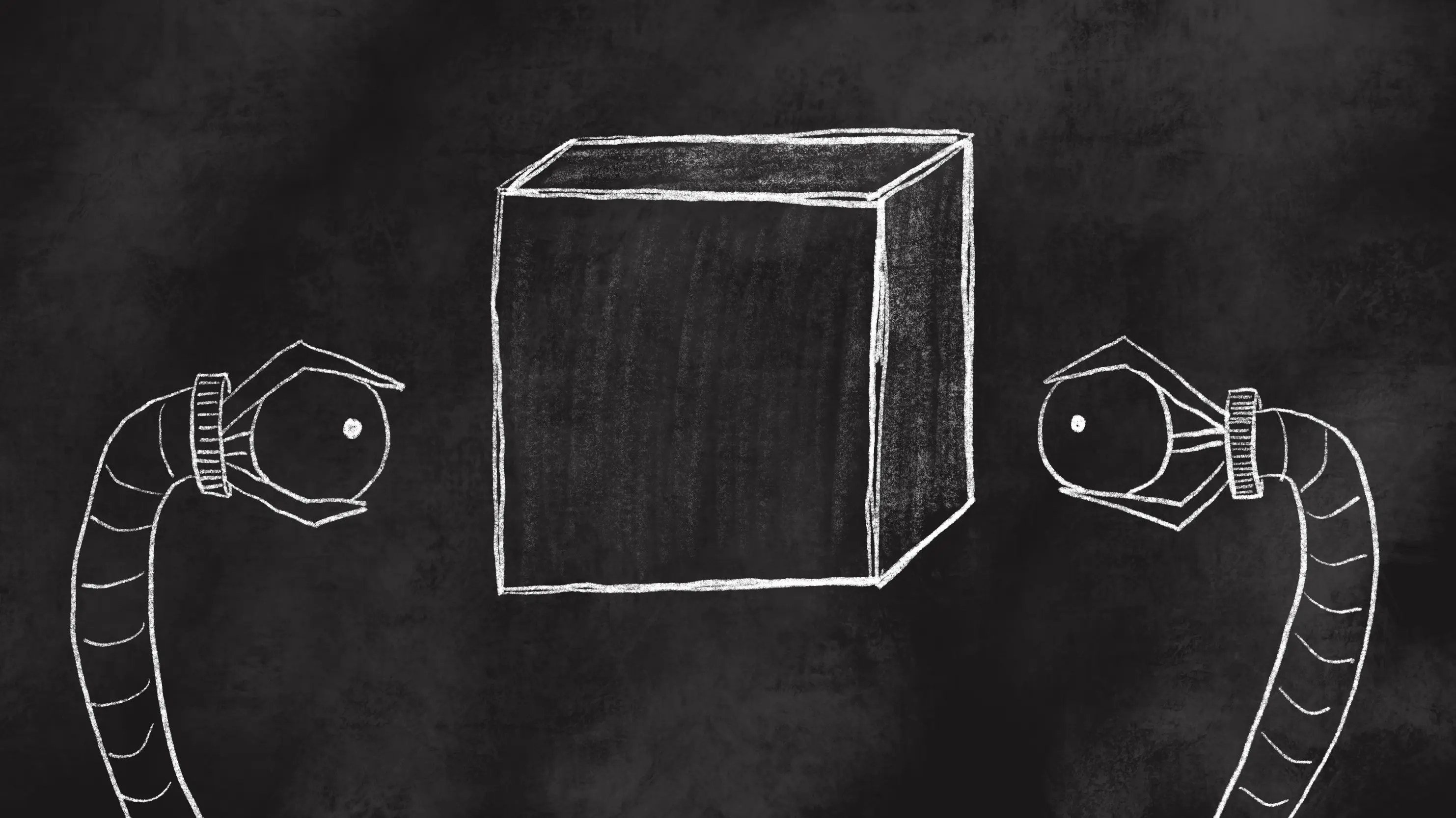 A chalkboard-style sketch of robot arms holding eyeballs on either side of a box