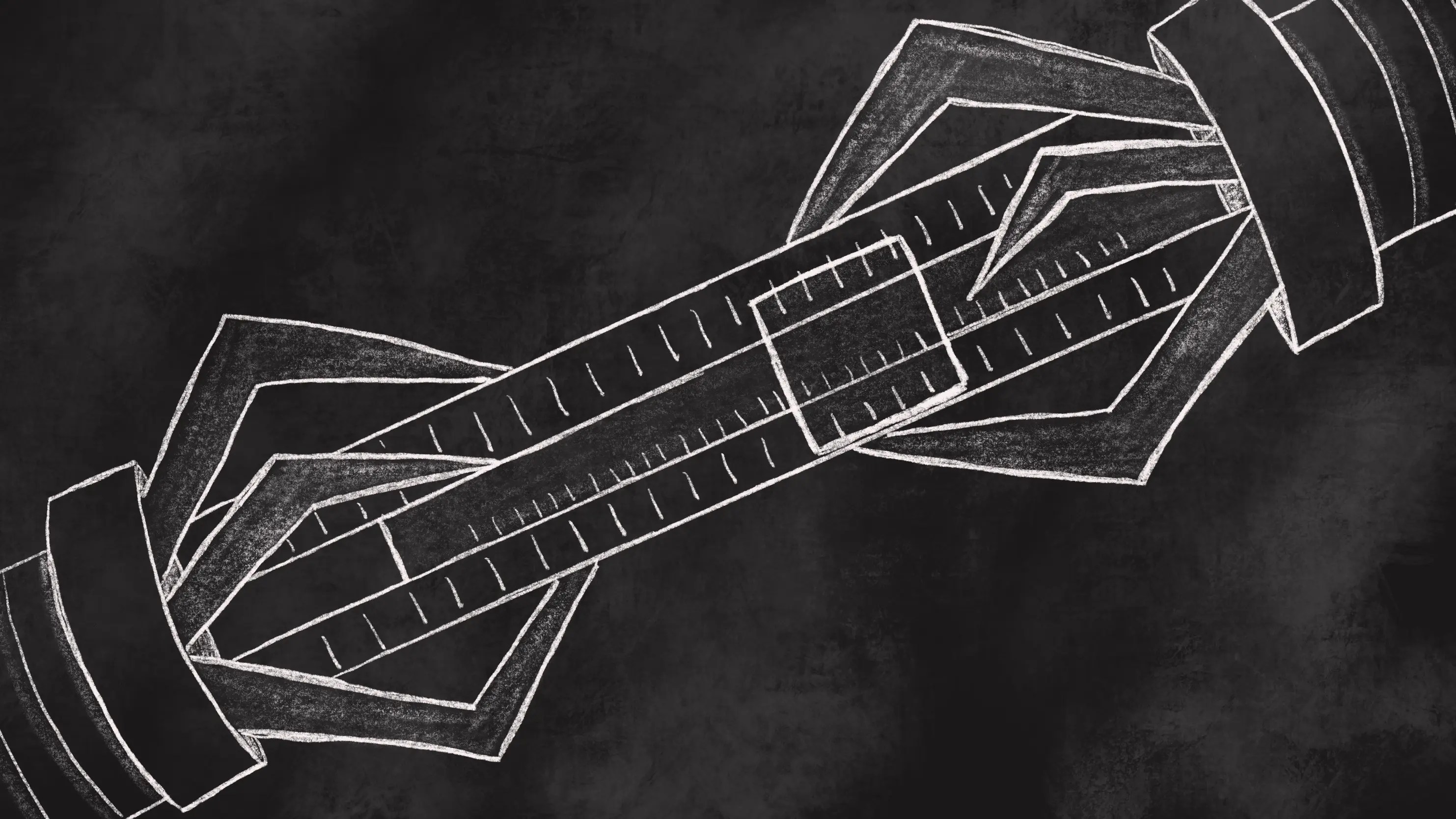 A chalkboard-style sketch of a robot using a slide rule