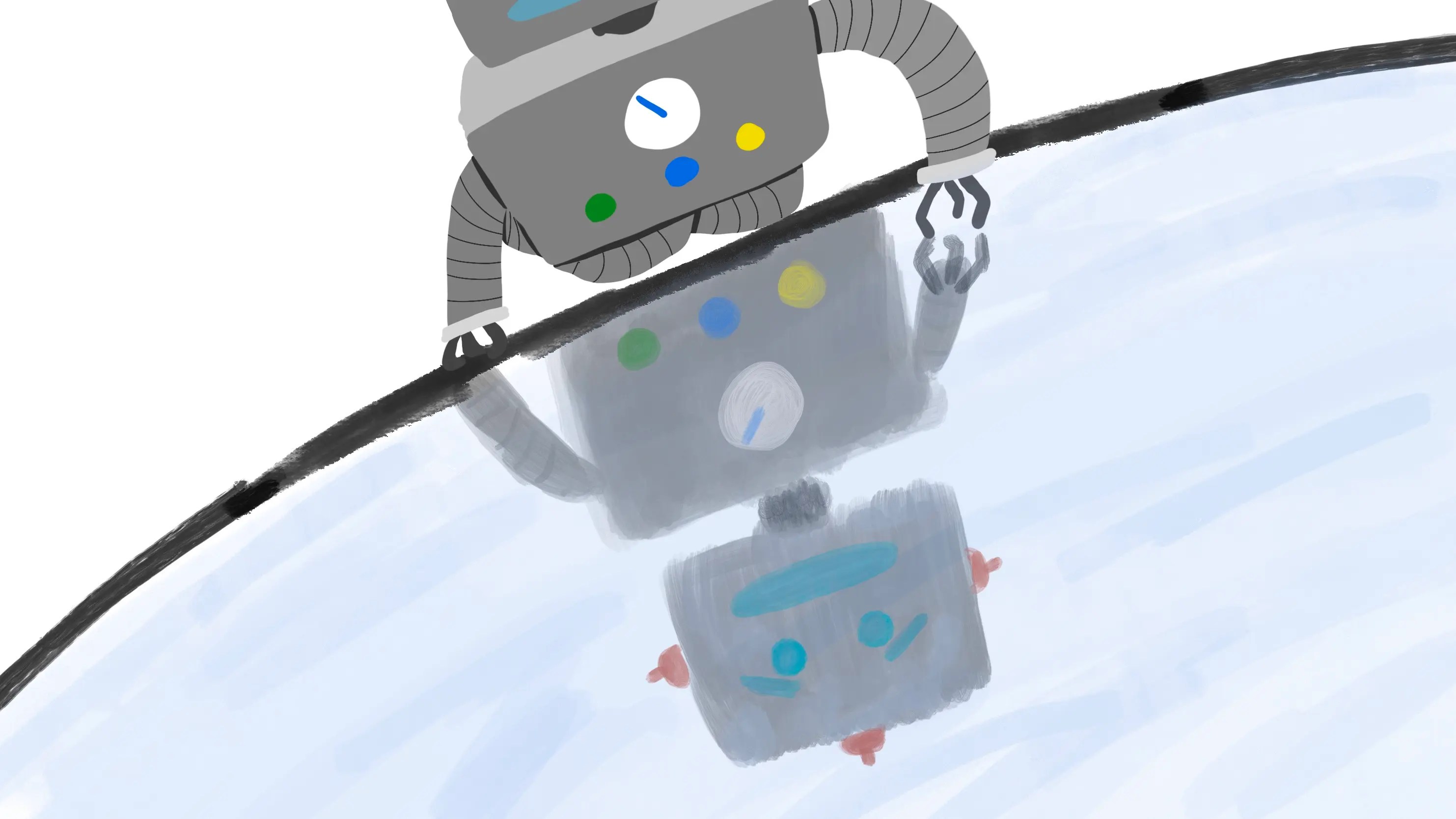 An illustration of a robot kneeling next to a body of water and looking at its reflection in the water