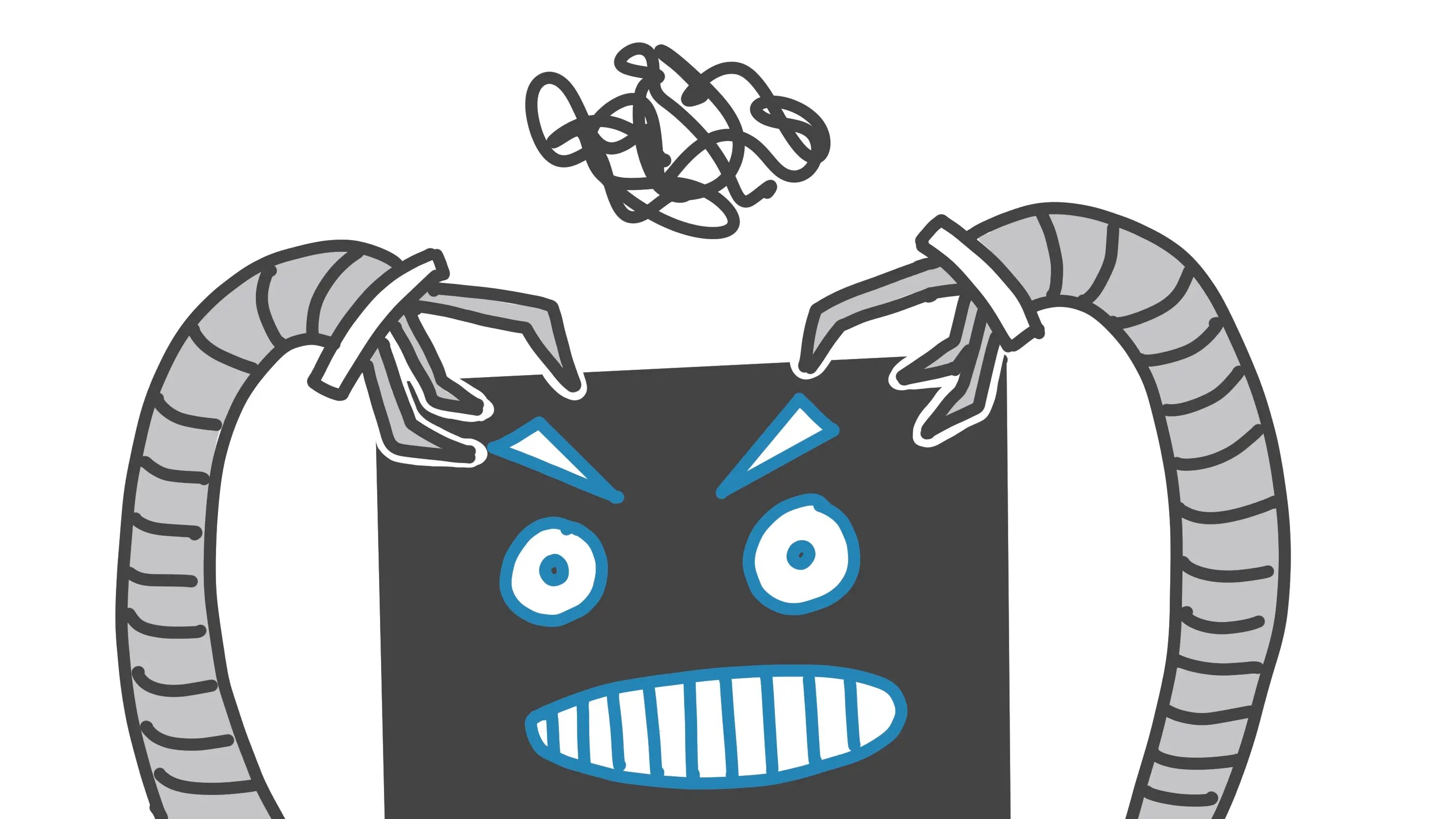 An illustration of a robot with gritted teeth, holding its arms up to its head. There’s a squiggle above its head, indicating frustration.