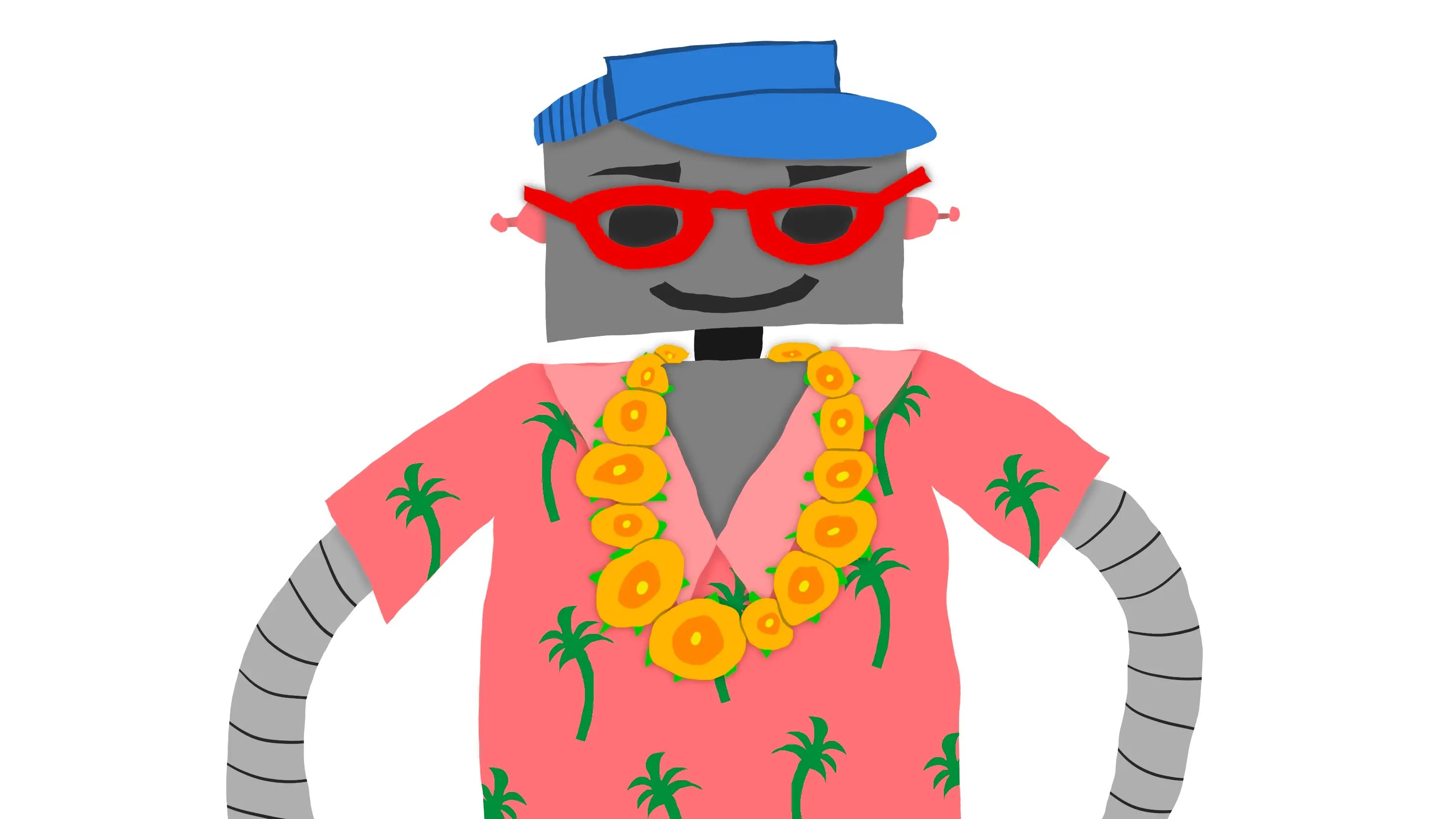 An illustration of a robot wearing a Hawaiian shirt, lei, visor, and glasses