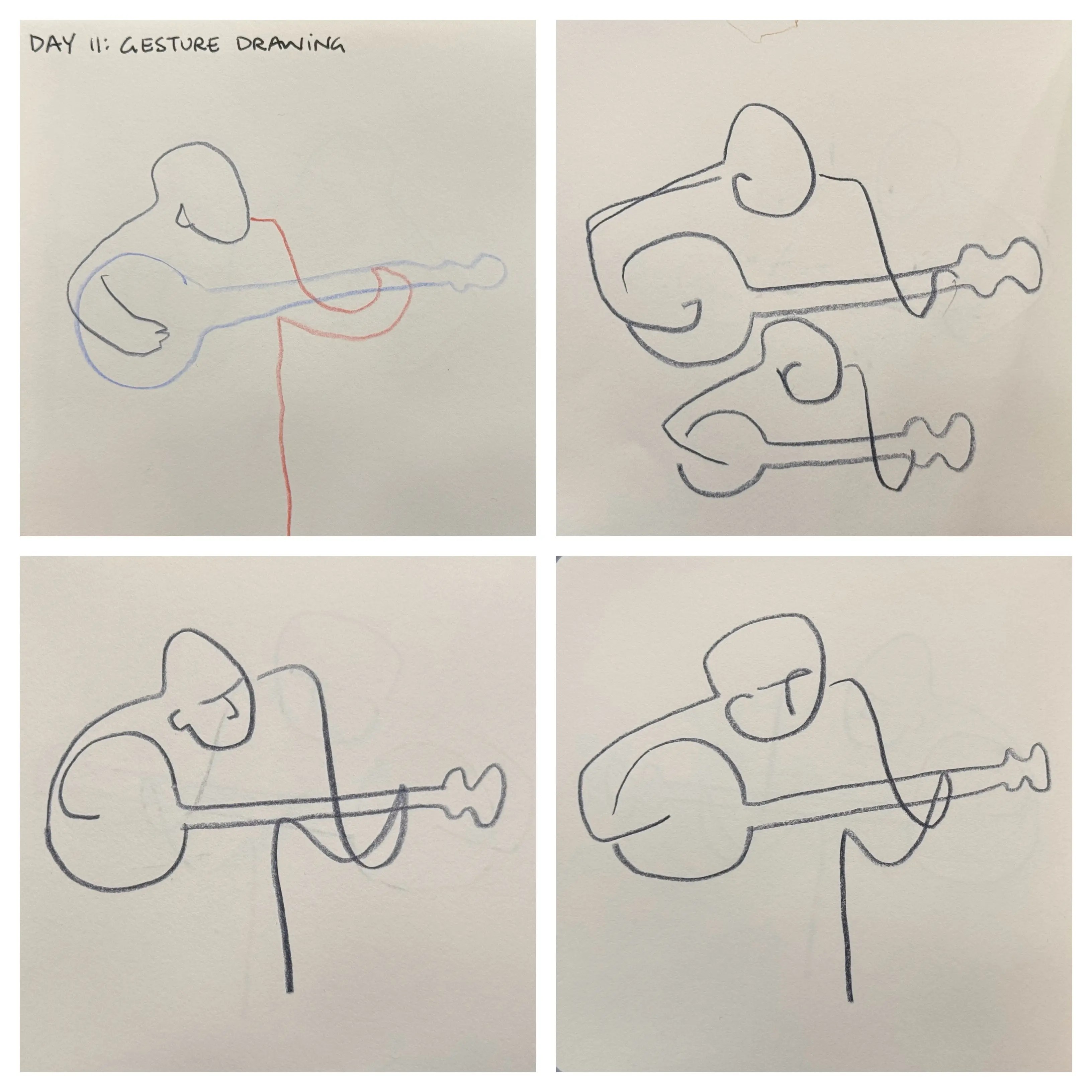 Day 11: Gesture drawing. Four sketches of someone playing a banjo.