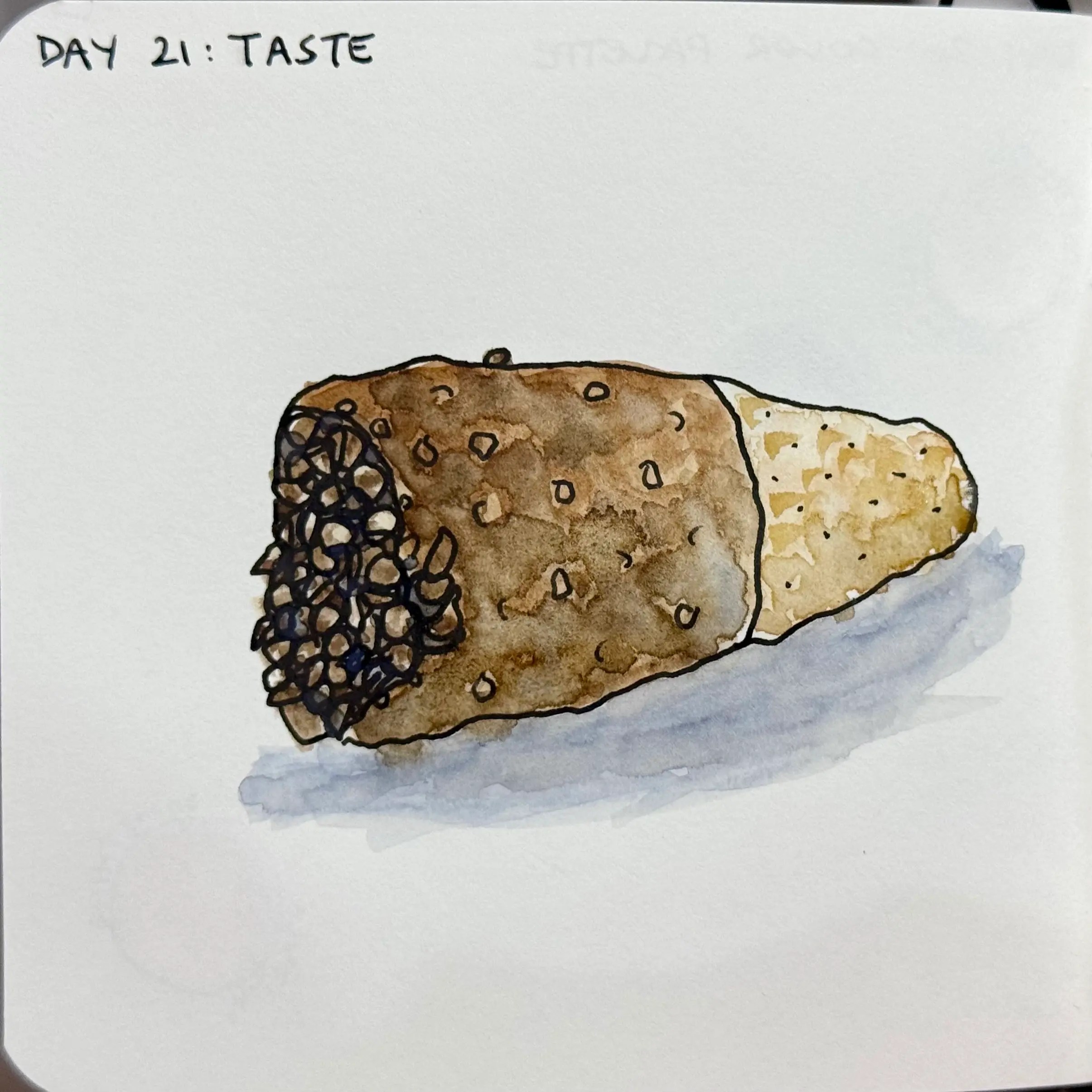 Day 21: Taste. An ink and watercolour sketch of a cone-shaped cannoli.