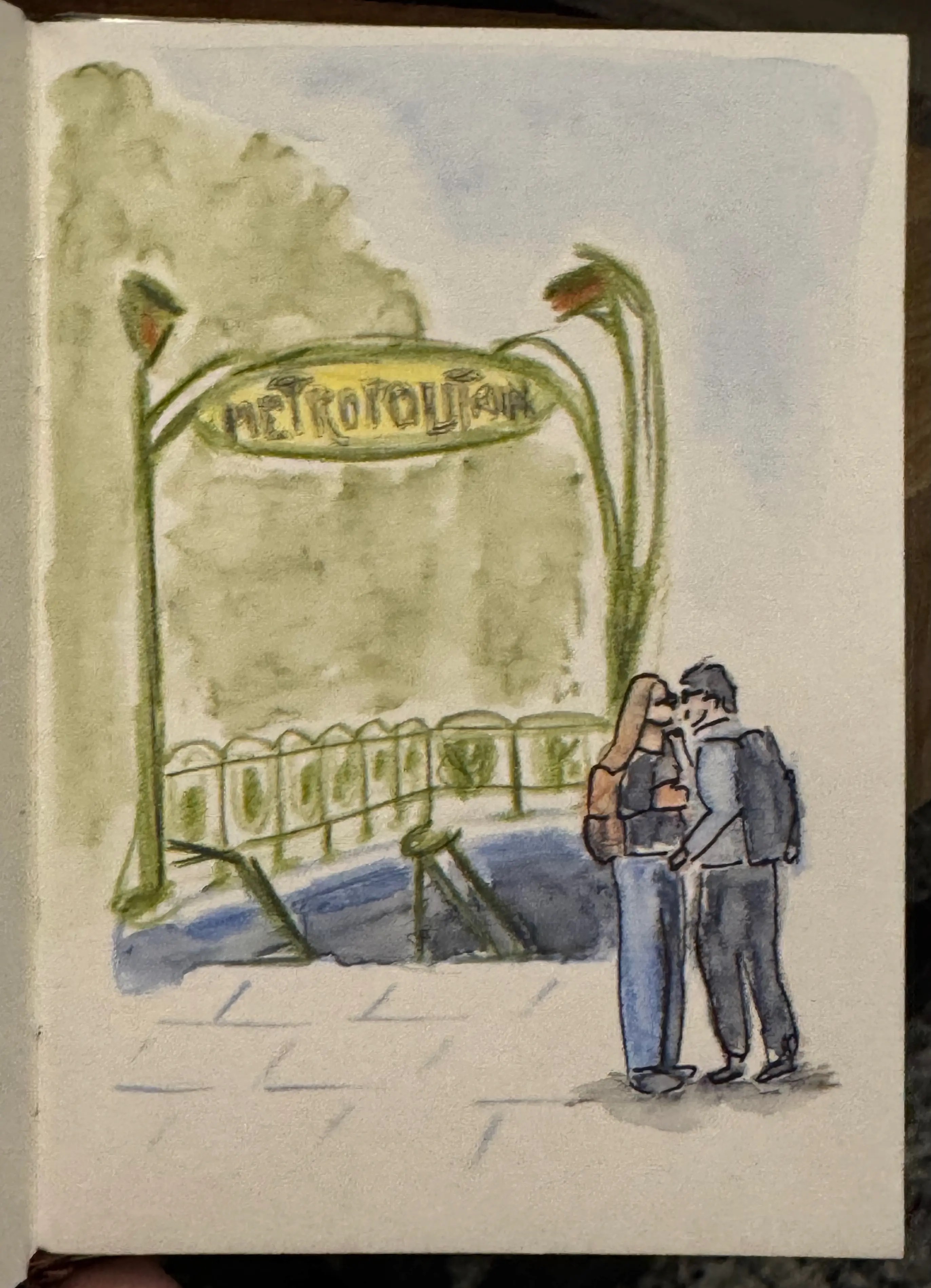 Sketch of two people kissing in front of a metro station