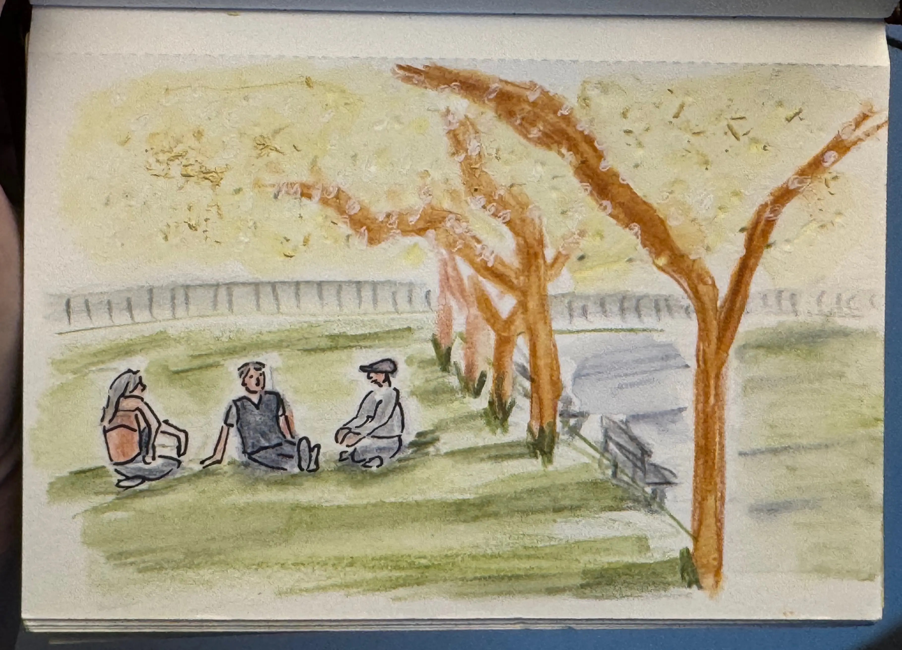 Sketch of people sitting under a tree in the park