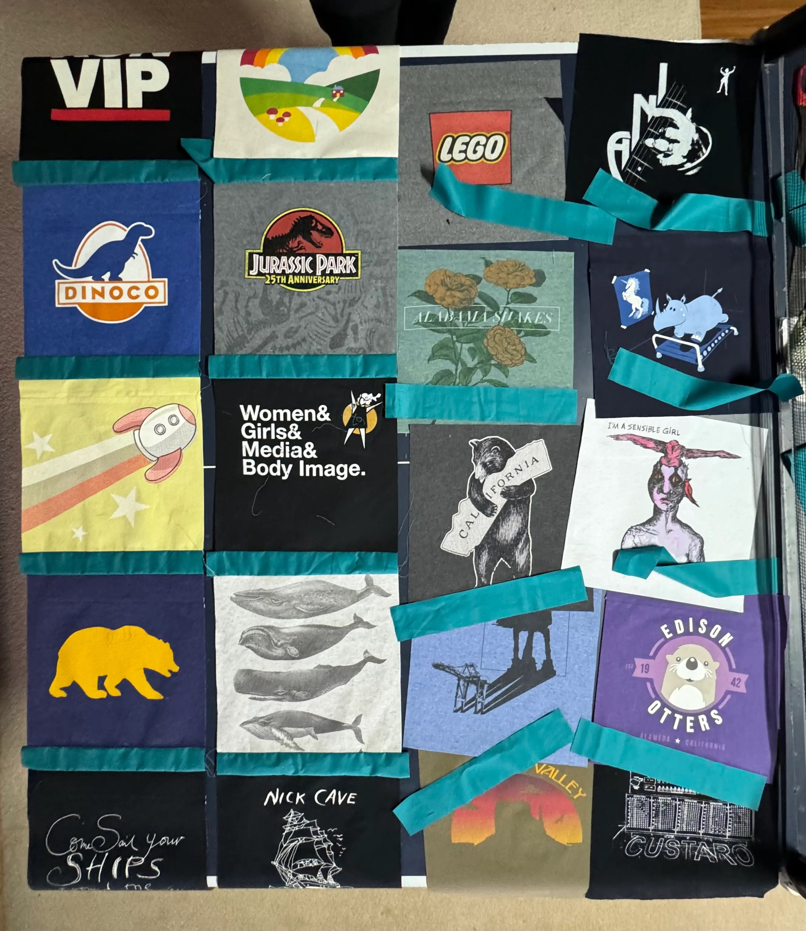 T-shirt qulit pieces laid out in a grid