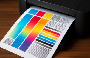 Colorful printer test page with color blocks and gradients for printer calibration