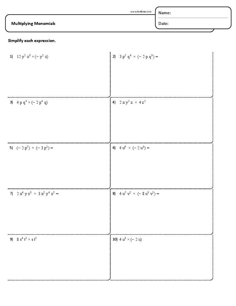Multiplying monomials worksheets