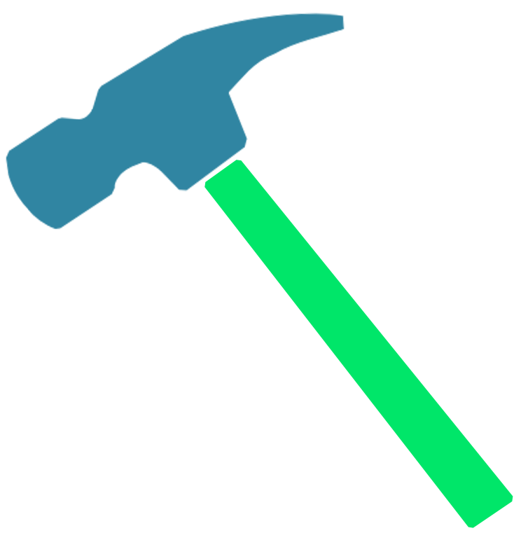 Illustration of a hammer with a blue head and a bright green handle.