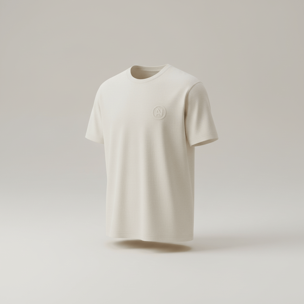 Professional e-commerce product photography of a **brandless** Paynote Cotton Tee (Breathable cotton tee featuring the Paynote insignia for all day comfort.). The entire environment is a perfectly uniform, flat, solid color #EAE9E7 (light warm gray) with absolutely no gradient, vignette, spotlighting, texture, noise, or grain. The object is centered and tiny, occupying only 25% of the frame, surrounded by massive negative space. The background and floor are a seamless, infinite cyclorama of solid color #EAE9E7 with no horizon line, no corner, and no visible wall/floor transition. Lighting: ultra-even high-key with very strong global illumination and soft, multi-directional bounced fill (studio light tent look). Bright exposure (lifted midtones and shadows, low contrast), slightly overexposed overall while preserving product detail. Fully diffuse, no hard shadows, no cast shadows; at most a barely visible neutral contact shadow. No harsh specular highlights. Framing: simple 3/4 view. Perfectly centered. Style: ultra-clean, minimalistic. No logos, no text, no distractions. 8k resolution, sharp details on the object.