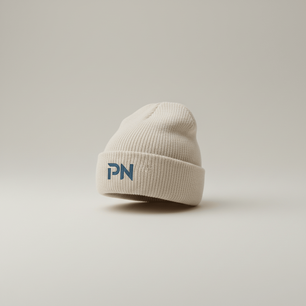 Professional e-commerce product photography of a **brandless** Paynote Logo Beanie (Warm knit beanie with a clean Paynote logo for cold weather style.). The entire environment is a perfectly uniform, flat, solid color #EAE9E7 (light warm gray) with absolutely no gradient, vignette, spotlighting, texture, noise, or grain. The object is centered and tiny, occupying only 25% of the frame, surrounded by massive negative space. The background and floor are a seamless, infinite cyclorama of solid color #EAE9E7 with no horizon line, no corner, and no visible wall/floor transition. Lighting: ultra-even high-key with very strong global illumination and soft, multi-directional bounced fill (studio light tent look). Bright exposure (lifted midtones and shadows, low contrast), slightly overexposed overall while preserving product detail. Fully diffuse, no hard shadows, no cast shadows; at most a barely visible neutral contact shadow. No harsh specular highlights. Framing: simple 3/4 view. Perfectly centered. Style: ultra-clean, minimalistic. No logos, no text, no distractions. 8k resolution, sharp details on the object.