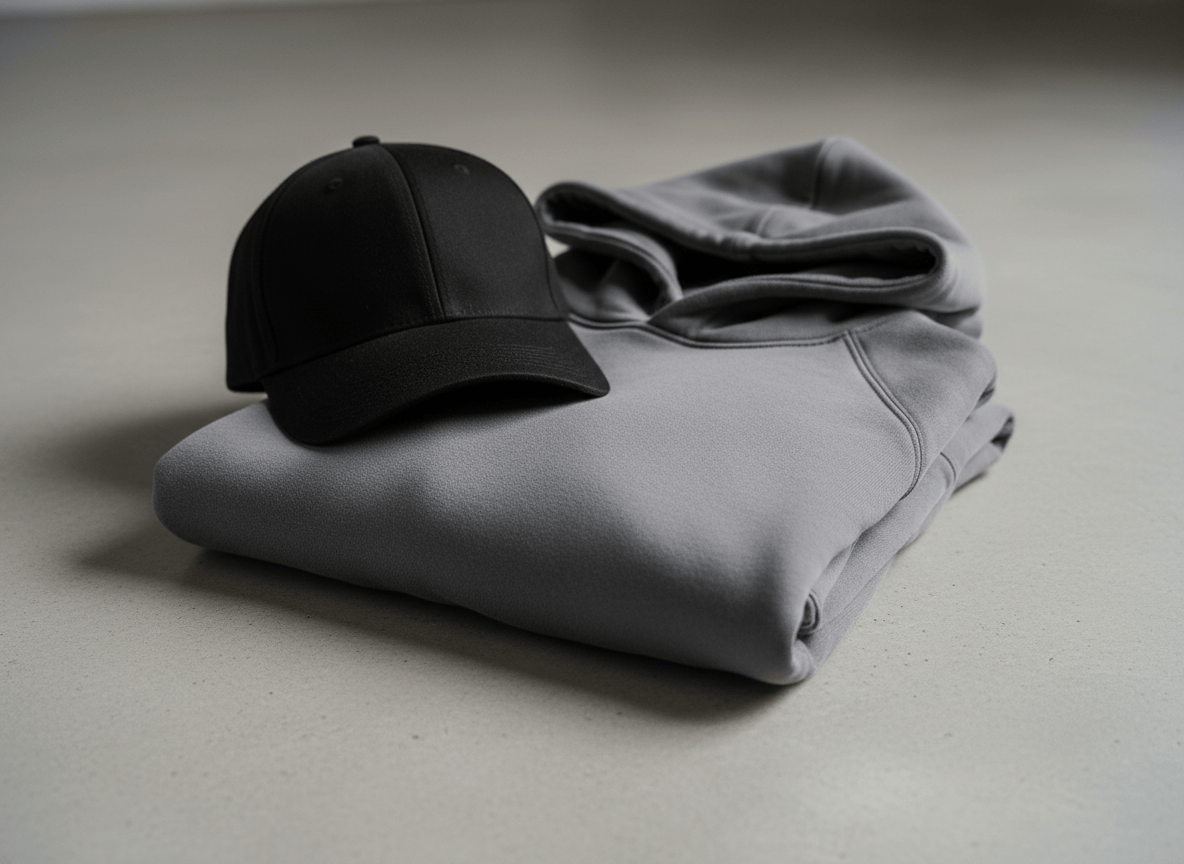 A neatly folded charcoal gray hoodie and a matching black baseball hat arranged together on a clean, light concrete surface. The hoodie’s soft cotton texture and subtle stitching details are clearly visible, with the hood gently opened to reveal its inner lining. The hat rests slightly overlapping the hoodie, its curved brim casting a small shadow. Soft studio lighting from the left creates gentle highlights on the fabric and precise, professional shadows. The background is uncluttered and faintly blurred, emphasizing the products. Photographic realism, shot from a slightly elevated, eye-level angle with sharp focus, conveys a modern, professional online store aesthetic for a minimalist apparel brand with a limited product range.