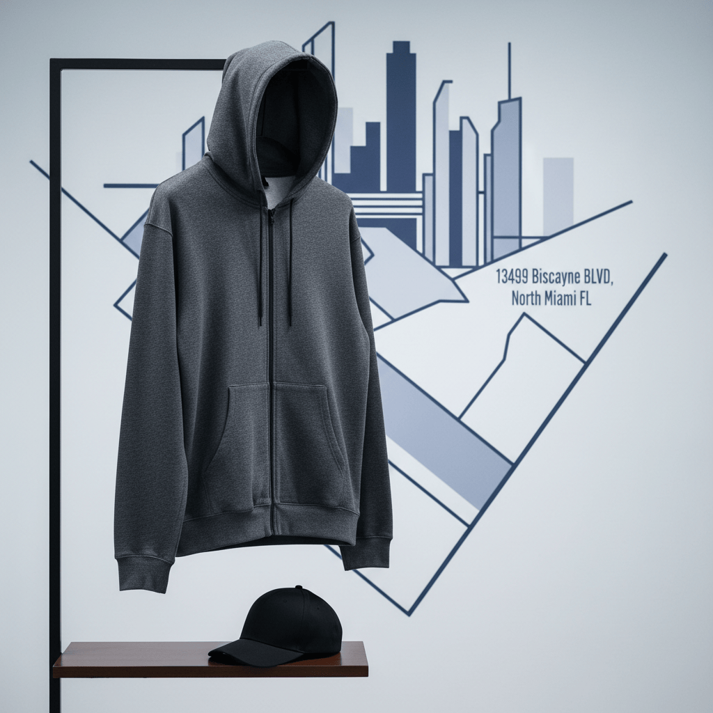 A single premium midweight hoodie in rich heather gray hanging on a simple matte black metal stand, paired with a coordinating black hat perched on a narrow shelf beneath. Behind them, a faint, out-of-focus wall graphic suggests the address “13499 Biscayne BLVD, North Miami FL” through abstract architectural lines and shapes, without readable text. Cool, even studio lighting highlights the hoodie’s smooth fabric, ribbed cuffs, and clean zipper, casting soft, controlled shadows. The composition follows the rule of thirds with generous negative space, creating a calm, professional mood. Photographic realism with a crisp, e-commerce ready look that reinforces a focused, minimal product offering of just a hoodie and a hat.