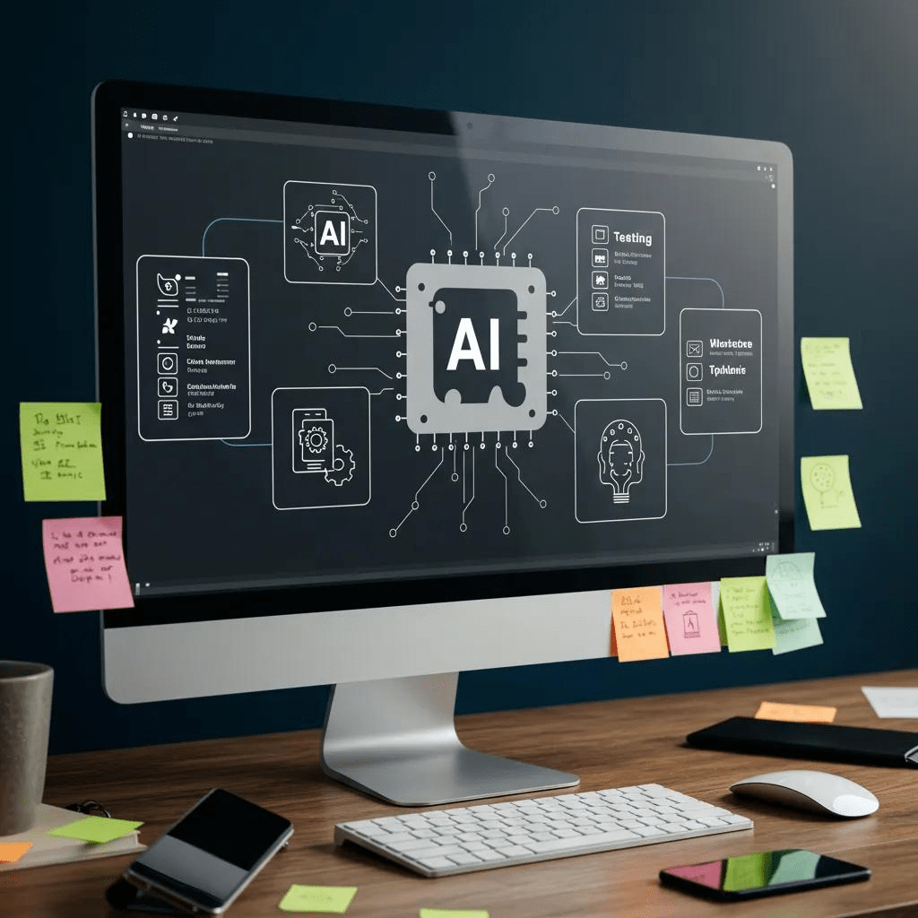 Computer screen showcasing AI testing tools in a busy tech workspace