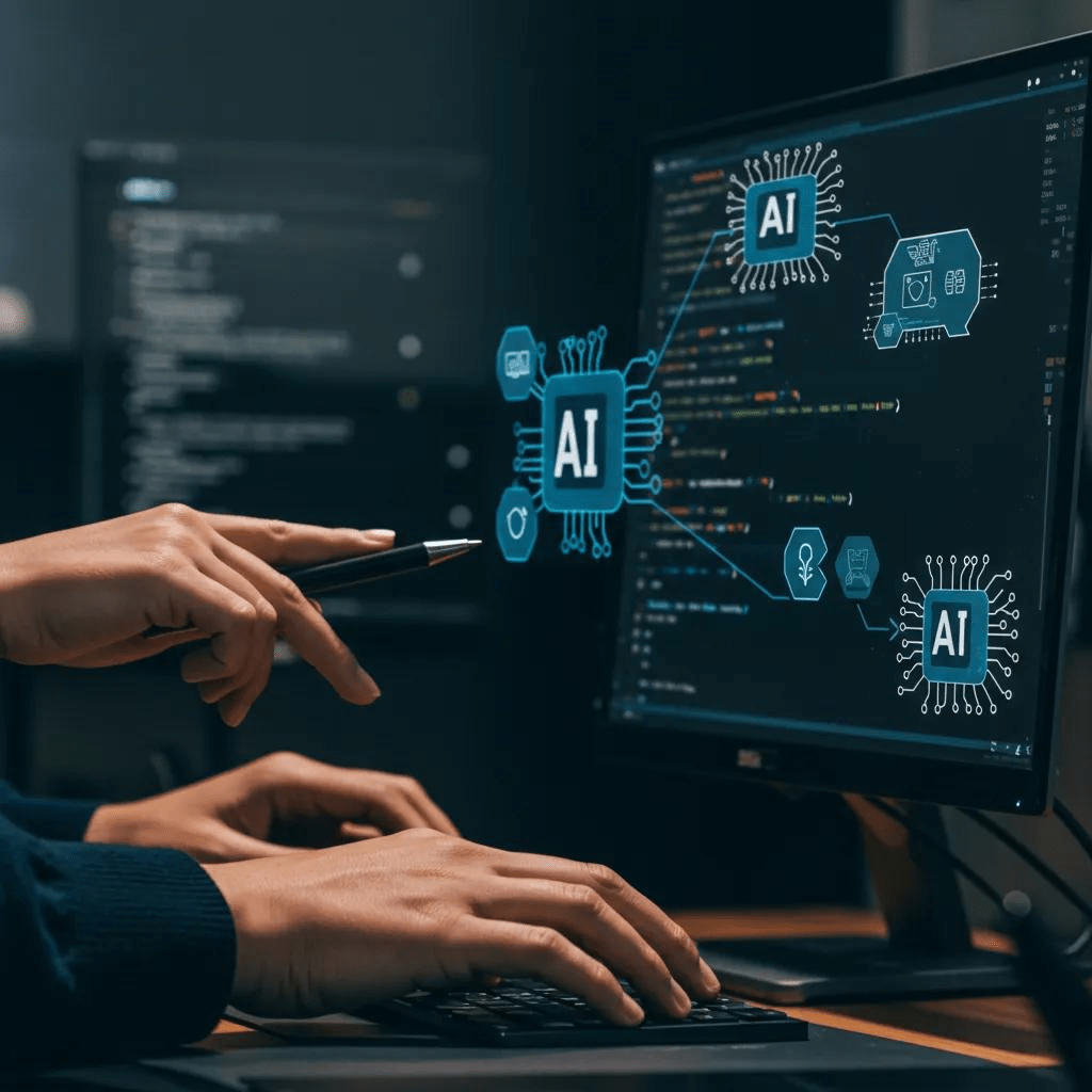 Hands working on AI testing methodologies in a modern tech workspace