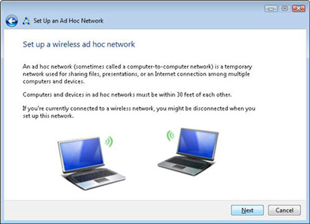 Create ad hoc wireless network connection