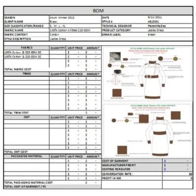 Difference between BOM Sheet and Cost Sheet in Apparel Manufacturing 1 BOM Sheet Example