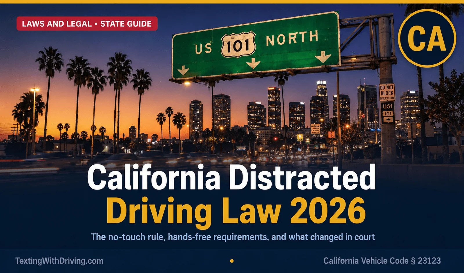 California distracted driving law 2026 dashboard view of Pacific Coast Highway at sunset with driving mode phone display, Los Angeles skyline silhouette