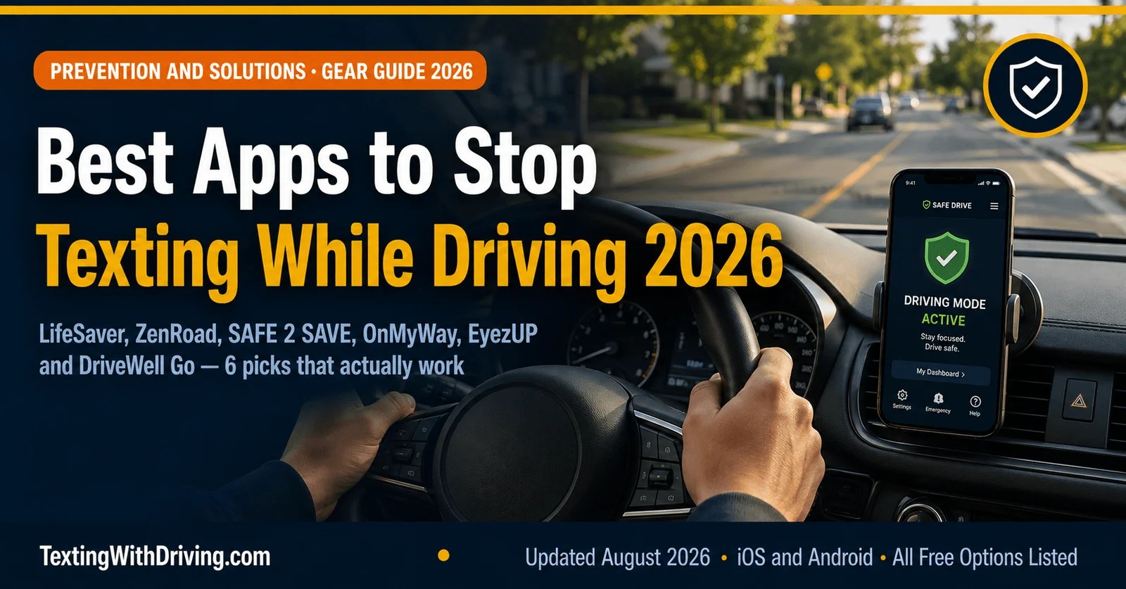 Best apps to stop texting while driving 2026 showing safe driving app active on dashboard mount with driving mode enabled reviewing LifeSaver ZenRoad SAFE 2 SAVE OnMyWay EyezUP and DriveWell Go for drivers parents and fleet managers