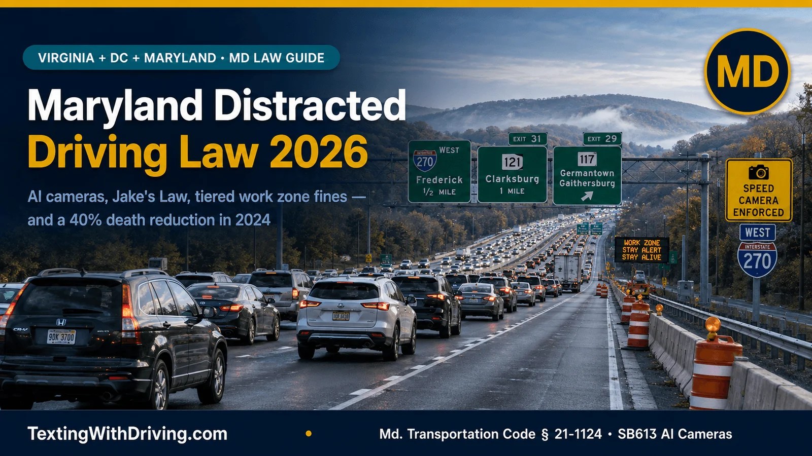 Maryland distracted driving law 2026 I-270 Montgomery County morning rush hour work zone showing Maryland Transportation Code 21-1124 handheld ban Jake's Law up to 5000 dollars and AI camera pilot SB613 in Montgomery and Prince George's counties
