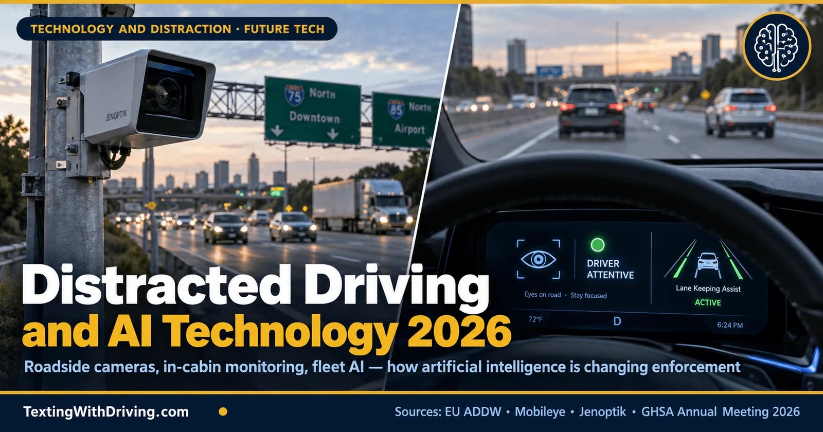 Distracted driving AI technology 2026 showing AI roadside enforcement camera at intersection and in-vehicle driver monitoring system display with eye tracking showing Maryland Obvio cameras detecting 2500 violations daily EU ADDW mandate for all new vehicles July 2026 and fleet AI cameras with 92 percent accuracy for phone detection drowsiness and inattention