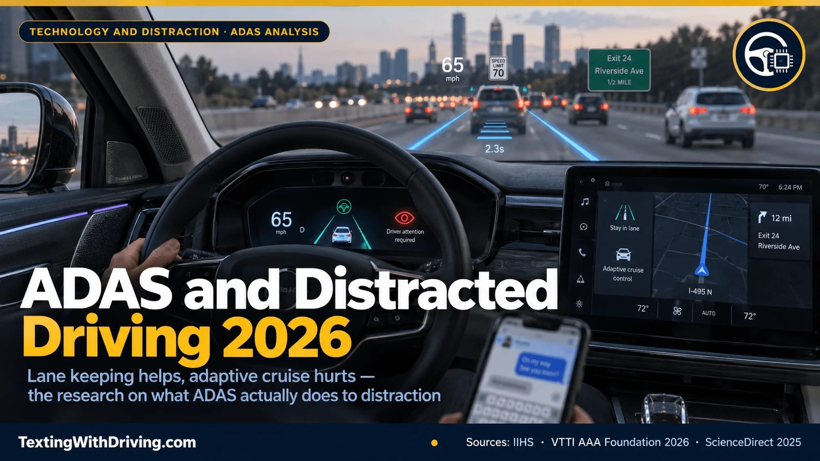 ADAS distracted driving 2026 modern vehicle interior showing active lane keeping assist with blue boundary lines adaptive cruise control following distance and driver monitoring camera with red alert indicator while driver phone visible in lap showing lane keeping assist reduces crashes 19 percent but adaptive cruise control associated with 8 percent crash rate increase from automation complacency