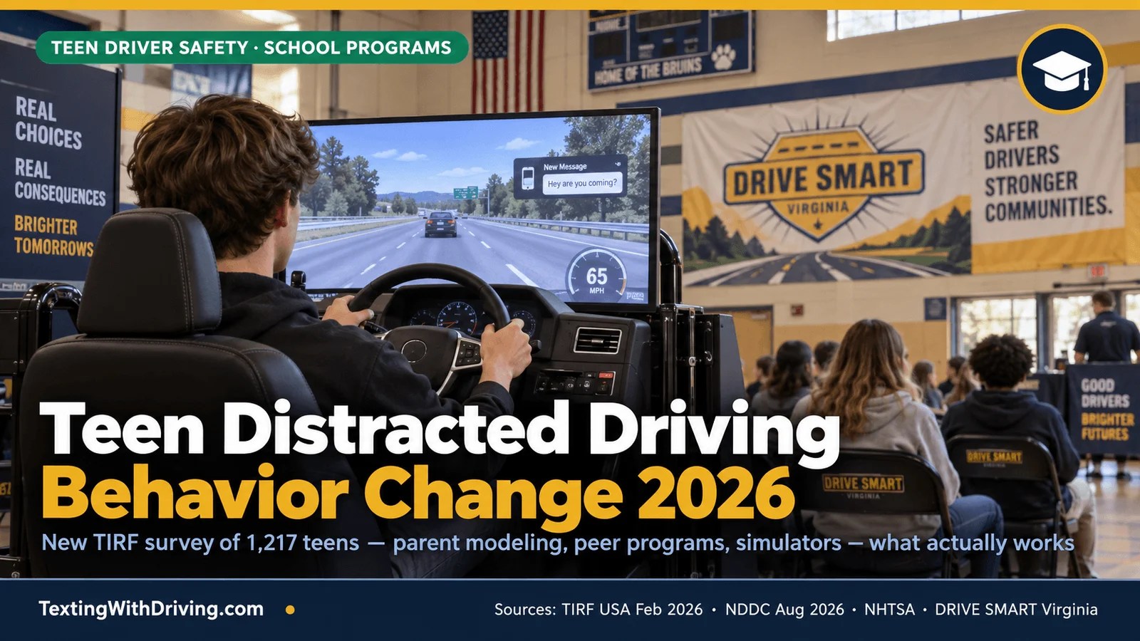 Teen distracted driving behavior change 2026 DRIVE SMART Virginia interactive driving simulator at high school showing TIRF USA national survey of 1217 teens from 26 states finding parent modeling as most powerful behavior change factor with combined electronic and parental feedback producing 85 percent fewer unsafe driving events and DRIVE SMART Virginia reaching 6000 teens in 28 high schools in 2025
