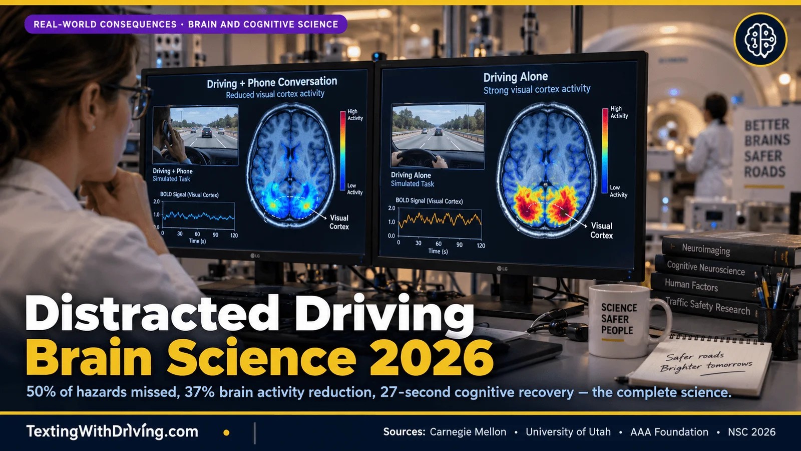Distracted driving brain science 2026 fMRI brain scans showing reduced visual cortex activity during phone conversations while driving compared to driving alone illustrating 37 percent brain activity reduction from Carnegie Mellon University research 50 percent of driving hazards missed during phone use and 27 second cognitive recovery time after hands-free voice commands