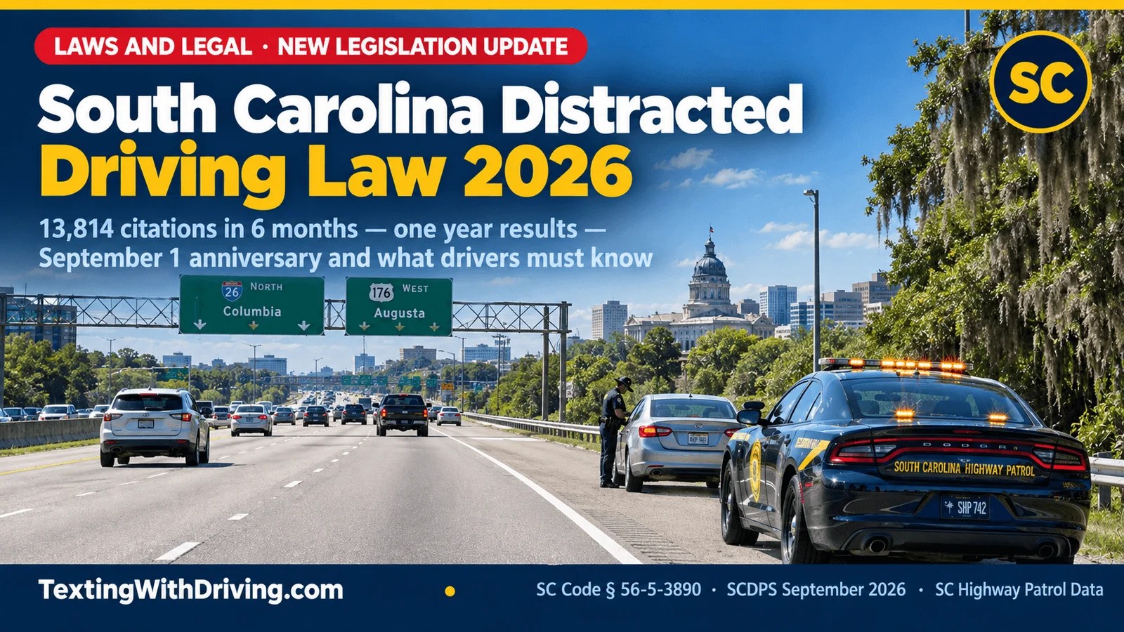 South Carolina distracted driving law 2026 I-26 Columbia with State Capitol in background SC Highway Patrol enforcement stop showing 13814 citations and 11557 warnings in six months from February 28 to September 2026 with 100 dollar first offense fine 200 second offense 2 DMV points and 20000 distracted driving collisions per year in South Carolina on the one-year anniversary of the law taking effect September 1 2025