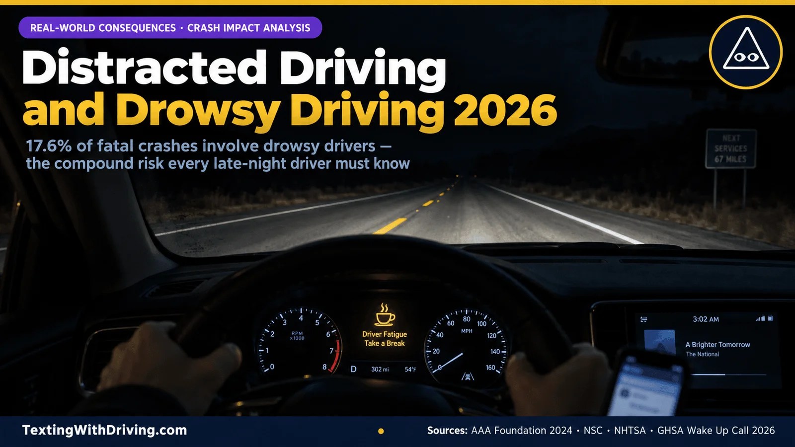 Distracted driving drowsy driving 2026 dark interstate at 3 AM from inside vehicle with phone glow and fatigue warning symbol showing AAA Foundation finding 17.6 percent of all fatal crashes 2017 to 2021 involved a drowsy driver equaling 30000 deaths over 5 years which is 10 times higher than officially reported with NHTSA 100000 annual drowsy driving crashes and the dangerous compound impairment when distracted and drowsy driving occur simultaneously