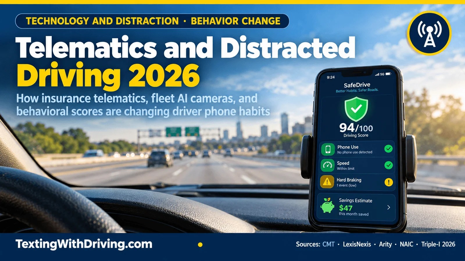 Telematics distracted driving 2026 dashboard-mounted smartphone showing real-time driving score app with phone use metric green check savings estimate showing how usage based insurance UBI programs monitor phone handling and CMT behavioral scores with fleet AI cameras producing 73 percent phone event reduction in 8 months