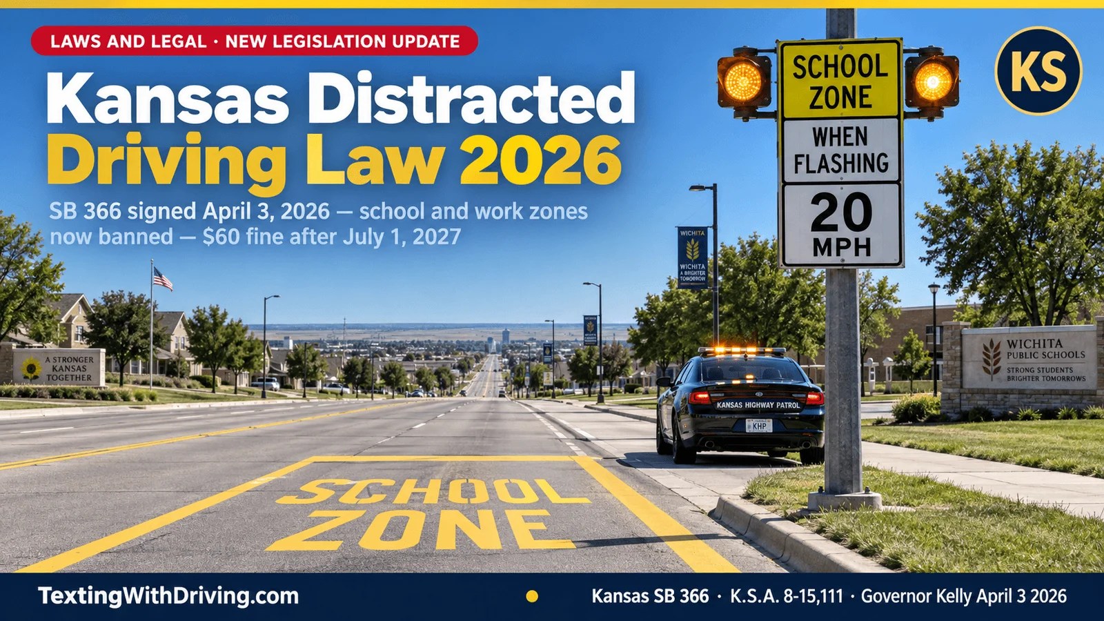 Kansas distracted driving law 2026 school zone Wichita with KHP cruiser showing Kansas Governor Kelly signing SB366 April 6 2026 banning handheld phone use in school zones and construction zones for all drivers with 60 dollar fine taking full effect July 1 2027 and warning citations being issued now while Kansas still lacks comprehensive statewide hands-free law