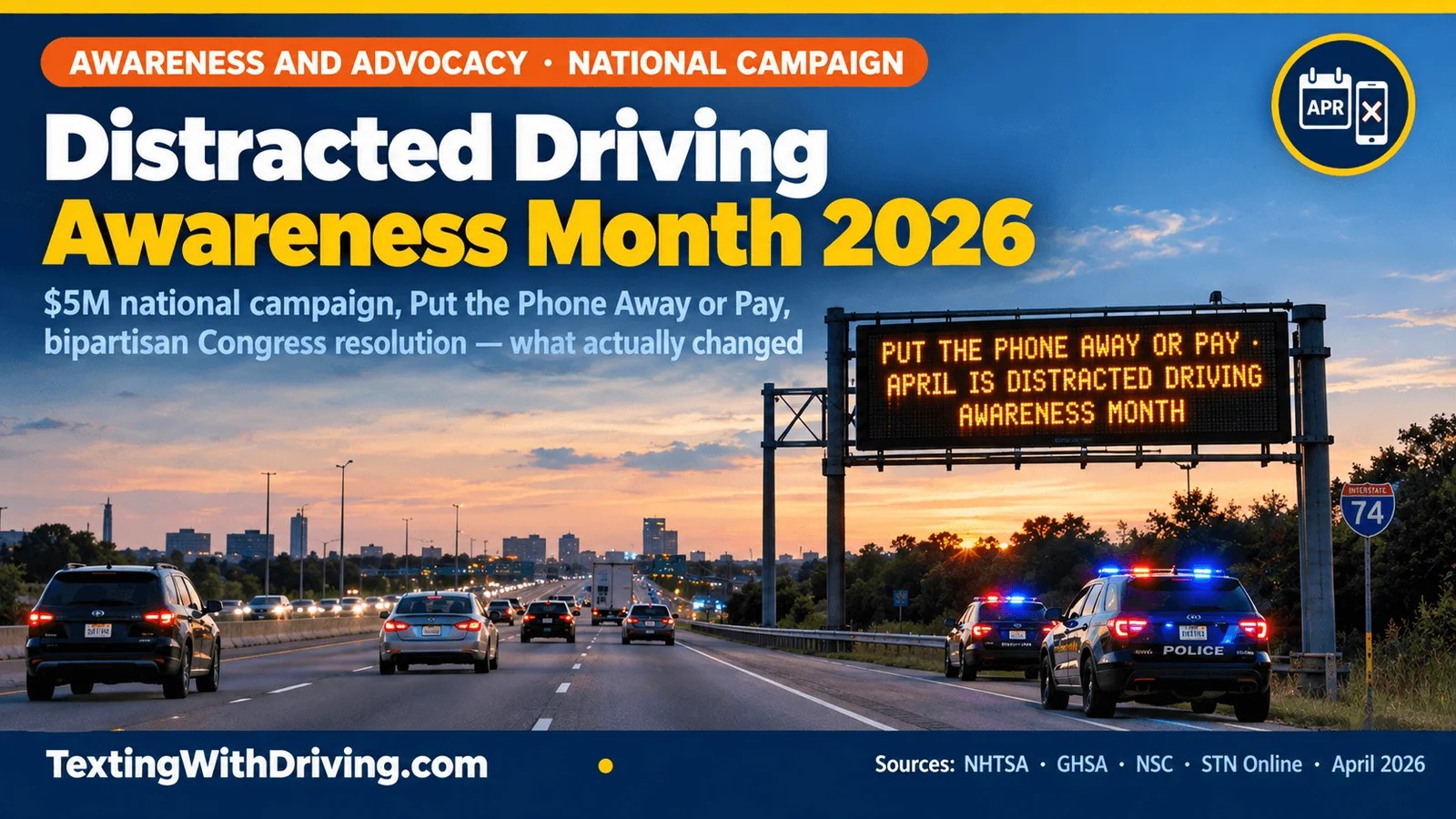 Distracted Driving Awareness Month 2026 highway electronic message board showing Put the Phone Away or Pay campaign with enforcement vehicles showing NHTSA 5 million dollar national media campaign April 9-13 high visibility enforcement targeting 18-34 demographic and bipartisan congressional resolution from Representatives Pappas and Mann with NSC estimating 25-30 percent of fatal crashes involve distracted driving