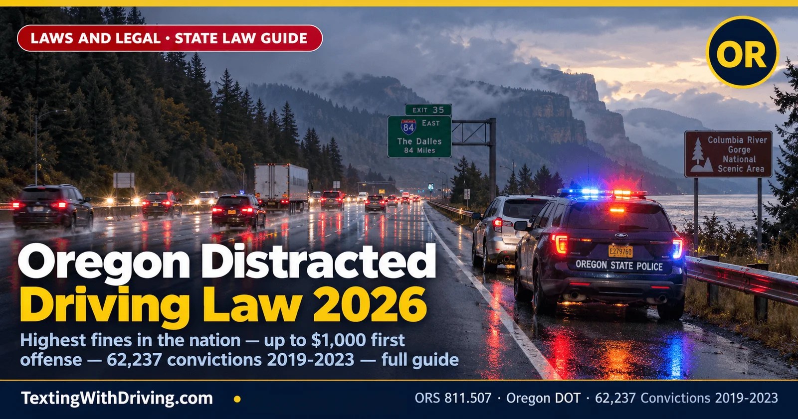 Oregon distracted driving law 2026 wet I-84 Portland Columbia River Gorge at dusk with Oregon State Police enforcement stop showing Oregon ORS 811507 first offense fine up to 1000 dollars highest in the nation with 62237 convictions from 2019 to 2023 and 28699 distracted driving crashes in Oregon over the same period and course waiver option for first-time offenders
