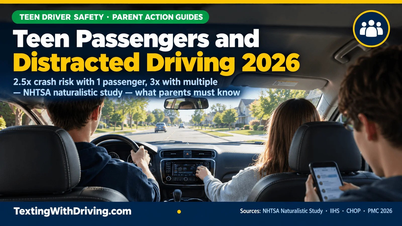 Teen passengers distracted driving 2026 teenage driver with peer passenger in front seat and teen in back seat showing NHTSA naturalistic driving study finding teen drivers 2.5 times more likely to engage in risky behaviors with one teen peer passenger and 3 times more likely with multiple passengers with loud conversation 5 times more likely and horseplay 9 times more likely and 38 percent of teen driver fatalities involving passengers