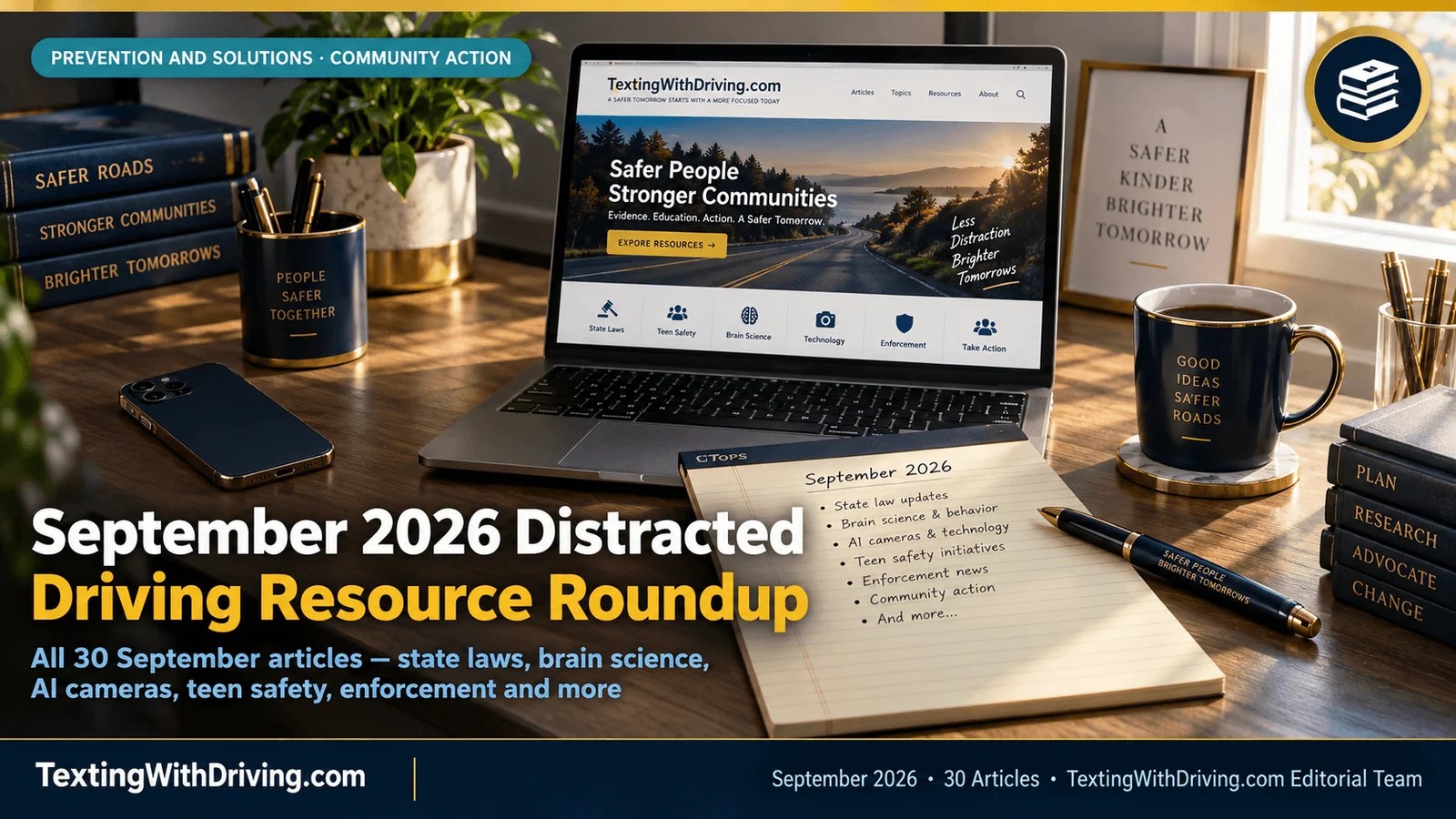 Distracted driving resources September 2026 organized workspace with laptop showing TextingWithDriving.com and September 2026 resource list covering all 30 September articles including Virginia DC Maryland city guides state laws for Iowa South Carolina Kansas Oregon Connecticut brain science teen safety ADAS telematics AI cameras enforcement and month in review