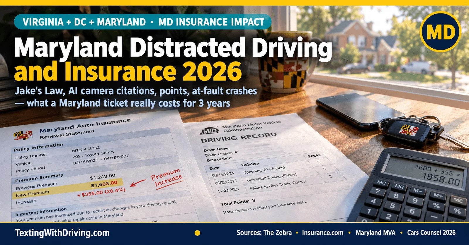 Maryland distracted driving insurance 2026 desk with insurance renewal statement showing 115 dollar annual rate increase after Maryland distracted driving ticket with zero points for first handheld offense but Jake's Law crash liability up to 5000 dollars and AI camera citations not affecting insurance rates