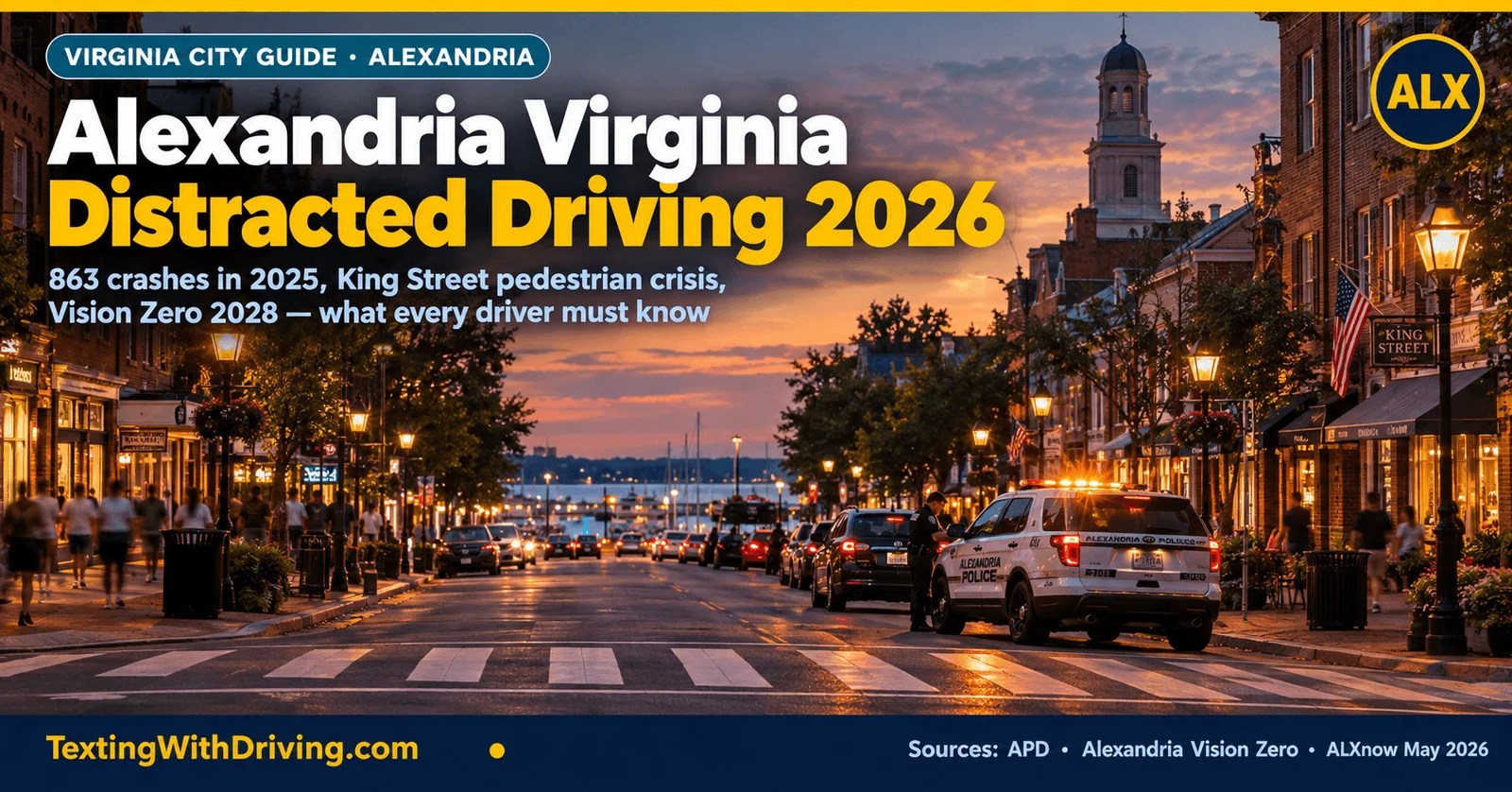 Alexandria Virginia distracted driving 2026 King Street Old Town at dusk with APD enforcement vehicle showing 863 crashes across Alexandria in 2025 including 6 pedestrian incidents in April 2026 King Street pedestrian hit-and-run and woman killed at North Saint Asaph and Montgomery with Vision Zero 2028 goal and APD targeting distracted driving failure to yield and speeding