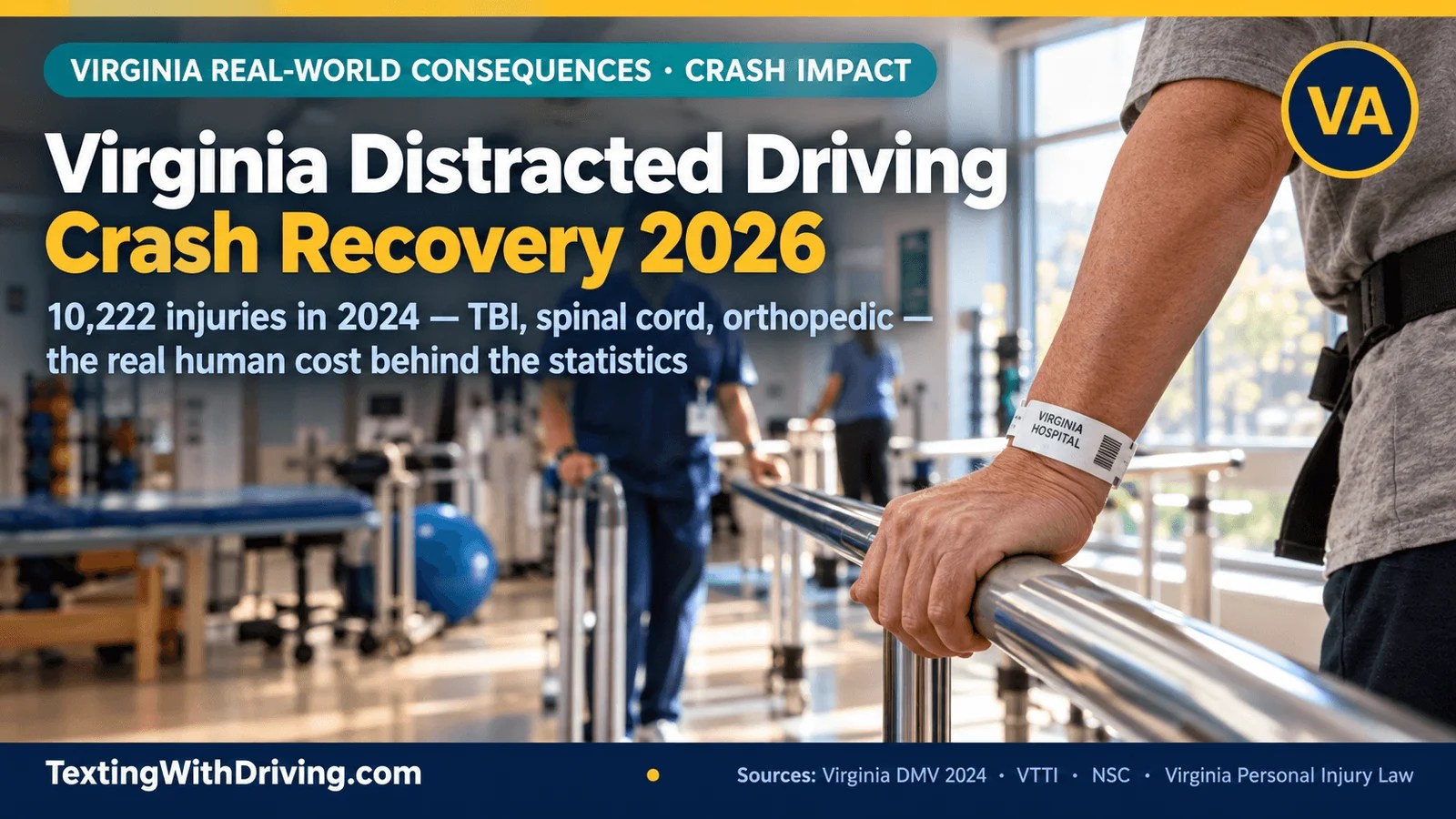 Virginia distracted driving crash recovery 2026 hospital rehabilitation facility with parallel bars showing 10222 Virginians injured in 2024 distracted driving crashes including traumatic brain injury spinal cord injury orthopedic fractures and soft tissue damage with recovery timelines ranging from weeks to permanent disability and Virginia contributory negligence rule governing crash victim claims