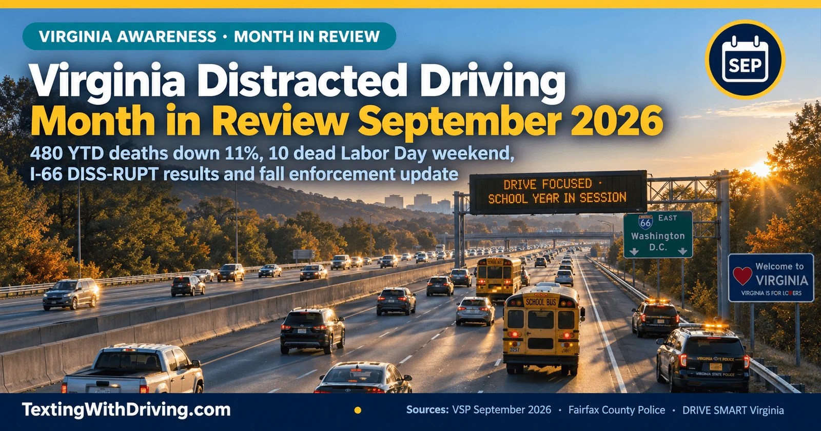 Virginia distracted driving September 2026 Virginia interstate at dawn with school buses and VSP cruisers showing 480 Virginia traffic deaths year to date August 31 2026 down 11 percent from 542 in 2025 with 10 deaths in 8 crashes over Labor Day weekend three of them pedestrians on I-395 and Operation DISS-RUPT I-66 August 22-24 producing 53 distracted driving citations