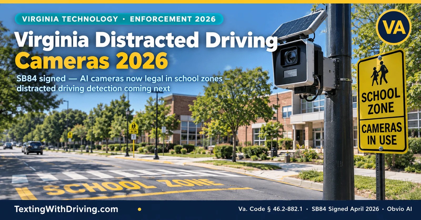 Virginia distracted driving cameras 2026 solar-powered Obvio AI traffic enforcement camera at school zone crosswalk showing Virginia SB84 signed April 2026 effective July 1 authorizing AI cameras with distracted driving detection capability and Chesterfield County school buses issuing 250 dollar fines starting October 13