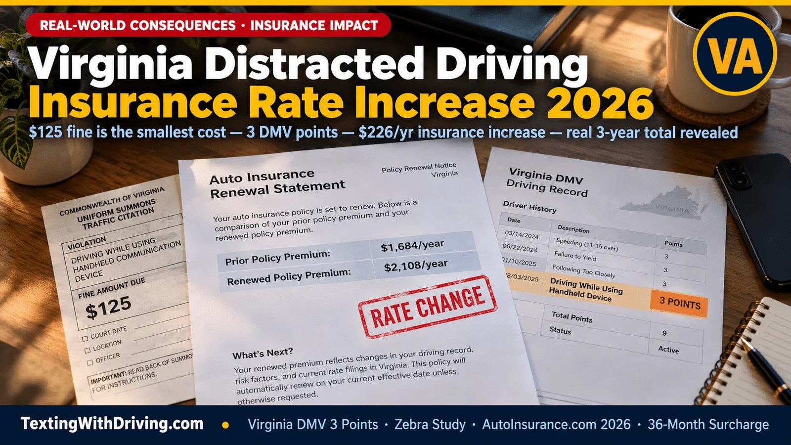 Virginia distracted driving insurance rate increase 2026 home desk with Virginia car insurance renewal showing rate increase and DMV driving record with 3 points from distracted driving citation alongside 125 dollar first offense fine showing Zebra study average 226 dollar annual insurance rate increase for three year surcharge period under Virginia insurance law with 36 month maximum surcharge and Virginia full coverage averaging 2003 dollars per year as of June 2026