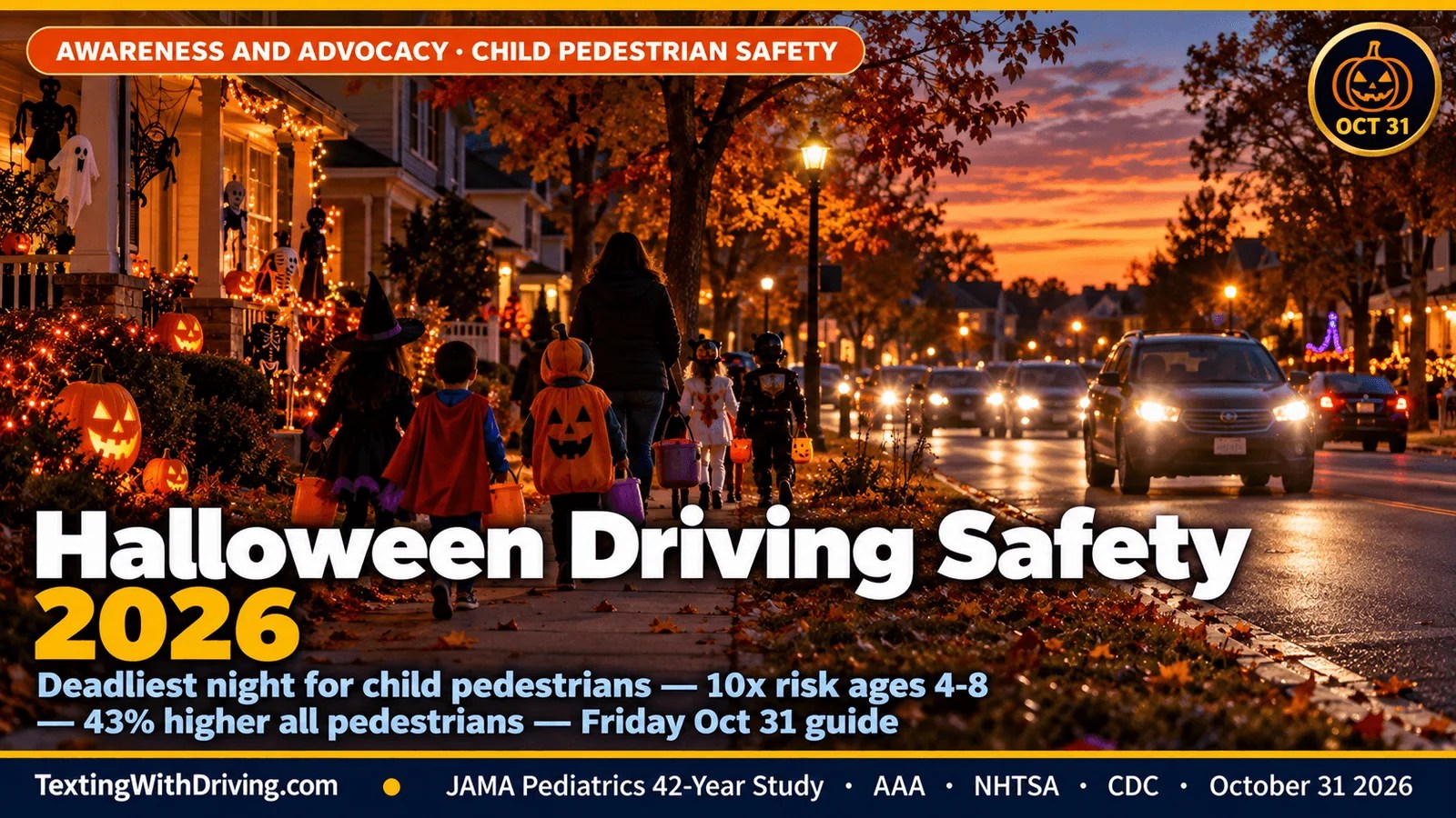 Halloween driving safety distracted driving 2026 suburban street at 6PM dusk with trick-or-treating children in costumes showing JAMA Pediatrics 42-year study finding pedestrian fatality risk 43 percent higher on Halloween and children aged 4 to 8 facing 10-fold increase in pedestrian fatality risk with average of 4 additional pedestrian deaths per Halloween and AAA data showing 49 children killed on Halloween from 2007 to 2021 nearly double any other day and Halloween 2026 falling on a Friday which research shows increases pedestrian deaths by 23 percent compared to regular Fridays