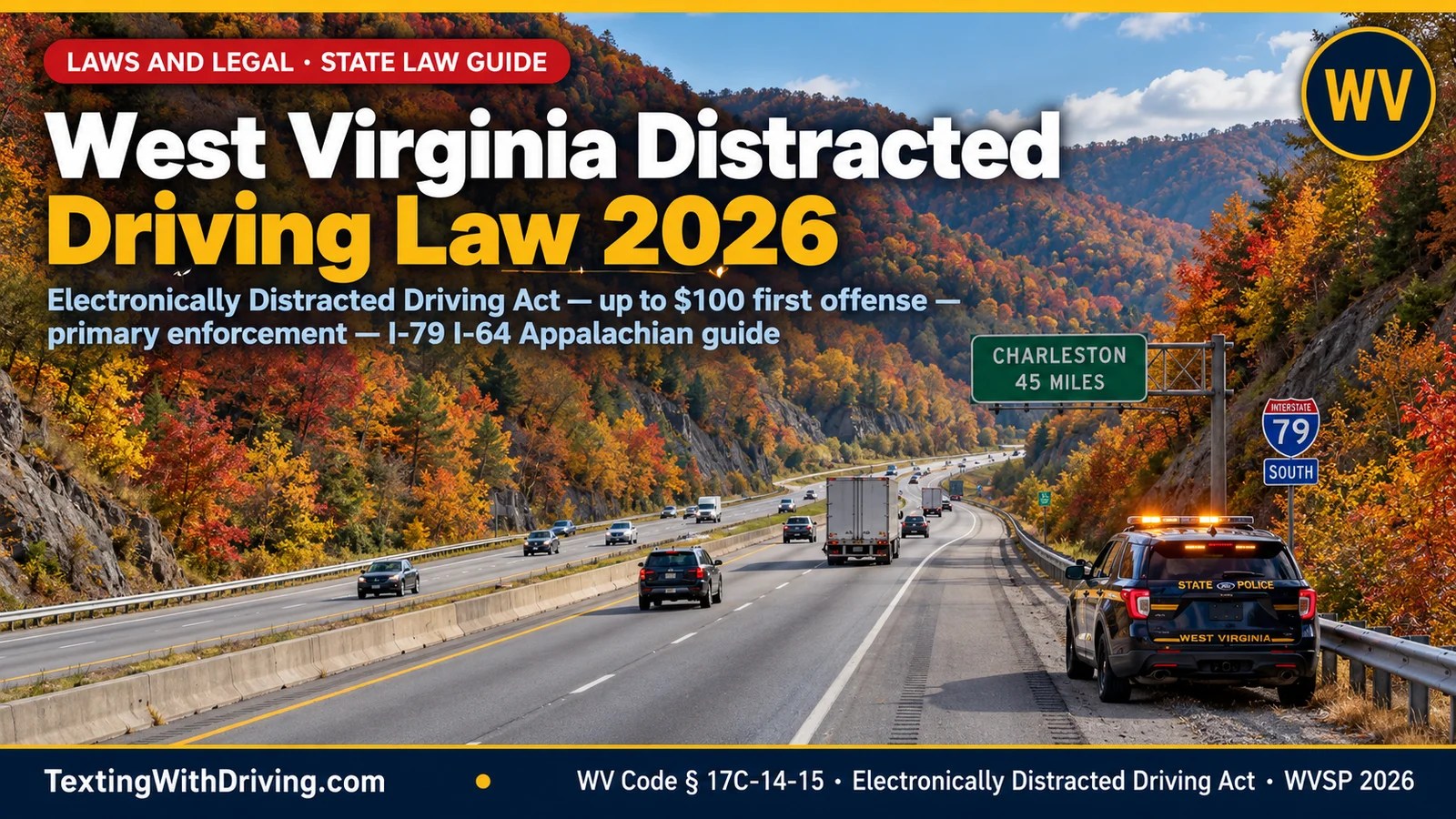 West Virginia distracted driving law 2026 I-79 through Appalachian mountain corridor with fall foliage and WVSP cruiser showing West Virginia Electronically Distracted Driving Act WV Code 17C-14-15 prohibiting all electronic device use while driving with first offense fine up to 100 dollars second offense up to 200 dollars third offense up to 350 dollars misdemeanor and violation causing death treated under WV drunk driving statute