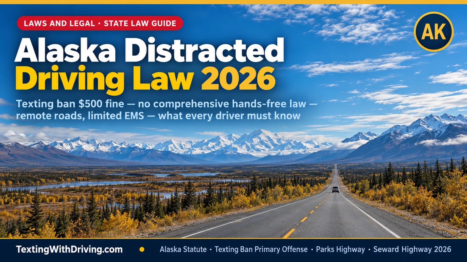 Alaska distracted driving law 2026 Parks Highway remote Alaska landscape with Alaska Range in background showing Alaska texting ban as primary offense with 500 dollar fine and 2 DMV demerit points and Alaska having no comprehensive hands-free ban for adult drivers at the state level unlike 33 plus other states making it a texting-ban-only state with enforcement challenges on remote roads with extended emergency medical services response times