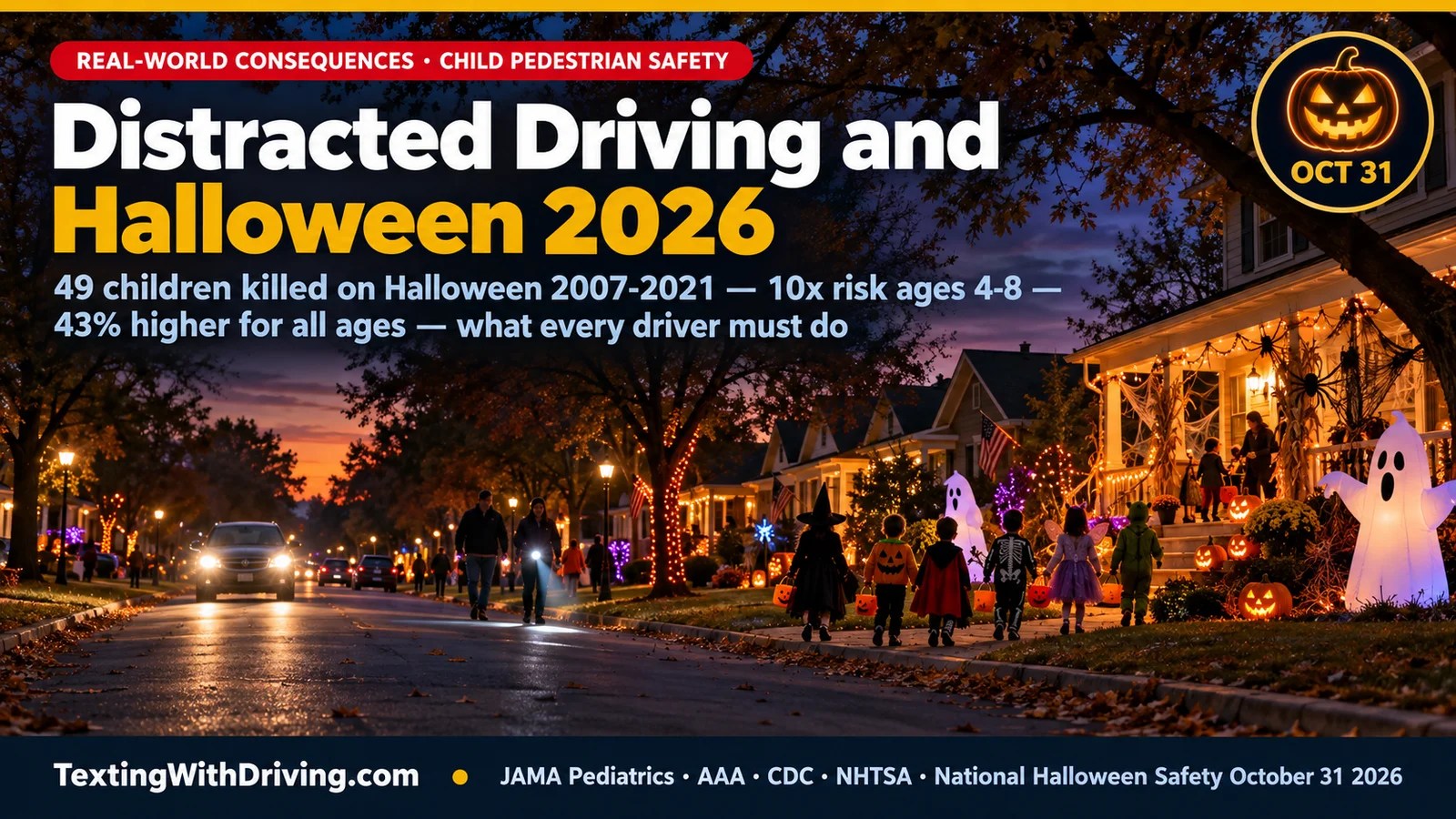 Distracted driving Halloween 2026 suburban residential street at dusk with trick-or-treating children in costumes and approaching headlights showing AAA data that 49 children under 17 were killed on Halloween from 2007 to 2021 nearly double any other day and JAMA Pediatrics 42-year study finding pedestrian fatality risk 43 percent higher on Halloween with children ages 4 to 8 facing 10-fold increase and Halloween 2026 falling on a Friday which produces 23 percent more pedestrian deaths than regular Fridays