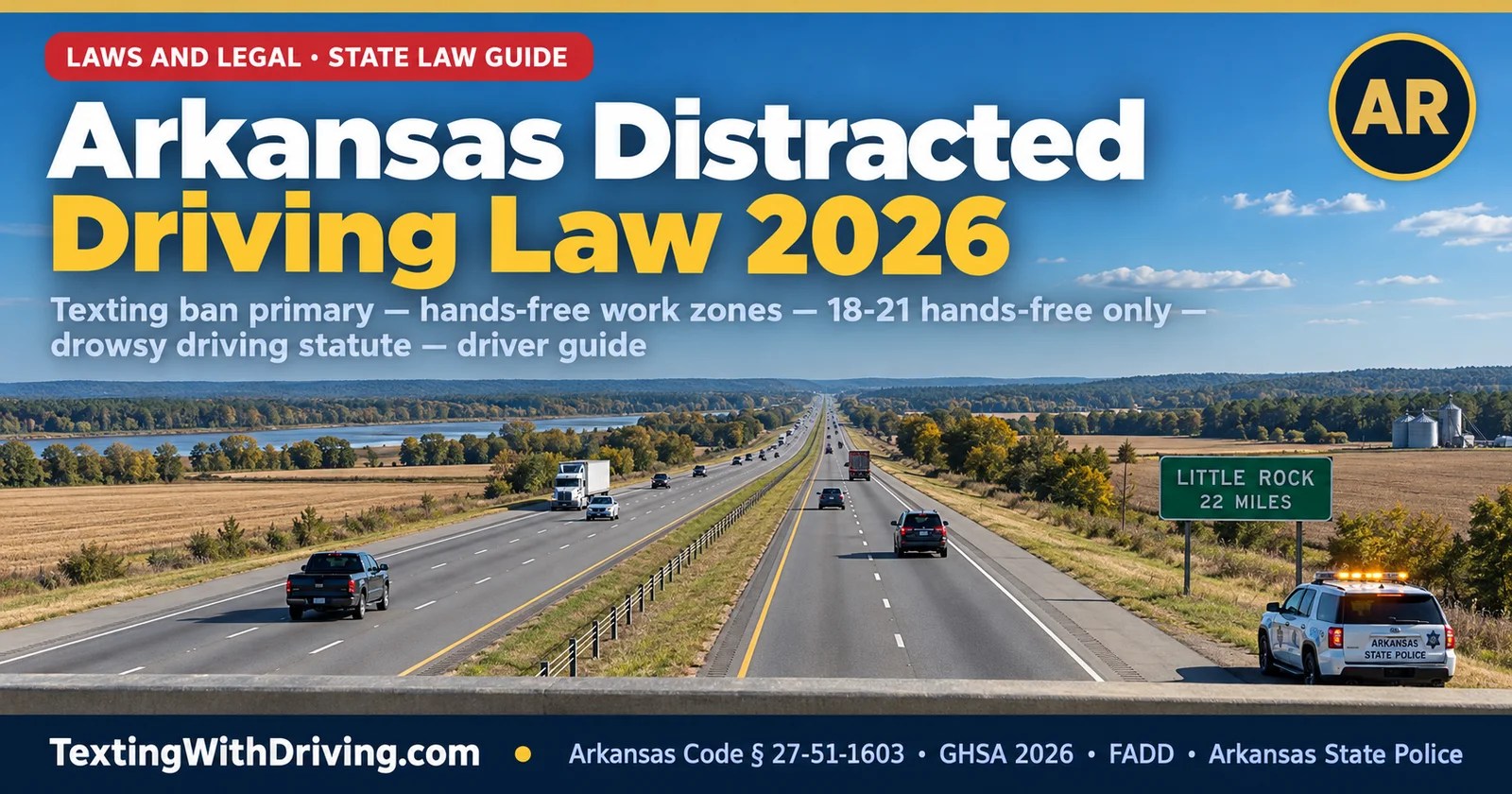 Arkansas distracted driving law 2026 I-40 central Arkansas corridor with Arkansas State Police cruiser showing Arkansas texting ban as primary offense for all drivers and handheld ban in school and work zones and hands-free requirement for drivers ages 18 to 21 and Arkansas unique drowsy driving statute defining fatigue as being without sleep for more than 24 consecutive hours making Arkansas one of only two states with a specific drowsy driving law alongside New Jersey