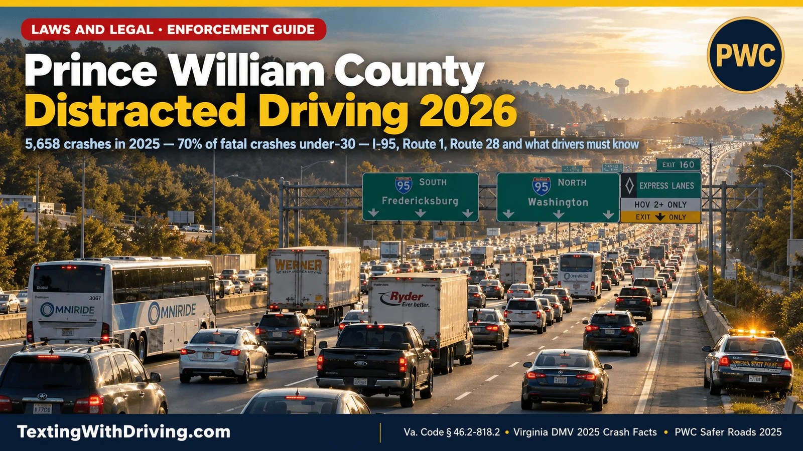Prince William County distracted driving 2026 I-95 morning rush hour with commuter traffic and VSP cruiser showing Prince William County 5658 crashes 34 fatalities 3527 injuries in 2025 Virginia DMV crash data with 70 percent of fatal accidents in 2024 involving drivers under 30 linked to speeding or distraction and Safer Roads 2025 initiative expanded enforcement of distracted driving and fatigue driving Prince William County Distracted Driving 2026: I-95, Route 1 and the Manassas Guide Prince William County distracted driving 2026 affects Virginia’s second-largest county by population — a jurisdiction of approximately 470,000 residents that has grown faster than almost any other county in the Commonwealth over the past two decades, and whose road network bears the consequences of that growth in the form of I-95’s most congested commuter corridor south of the Capital Beltway. The Virginia DMV’s 2025 Virginia Traffic Crash Facts report quantifies the scale: Prince William County recorded 5,658 crashes, 34 fatalities, and 3,527 injuries in 2025. Those figures place Prince William County among Virginia’s highest absolute crash-count jurisdictions — reflecting the combination of its large population, its role as a primary bedroom community for Washington DC’s federal and contracting workforce, and the specific road characteristics of I-95, Route 1, and Route 28 that concentrate distracted driving crashes. The demographic dimension of Prince William County’s crash data is the most specific available measure of where distracted driving risk is concentrated: in 2024, over 70 percent of fatal accidents in Prince William County involved drivers under 30, many linked to speeding or distraction. 70 percent. The young adult workforce that has driven Prince William County’s growth — government contractors, technology workers, military personnel from Quantico — is also the demographic that NHTSA’s national data identifies as most likely to die in distraction-affected crashes. The same demographic that grew Prince William County into Virginia’s second-largest county is the demographic at highest distracted driving crash risk within it. This guide covers the complete Prince William County distracted driving 2026 picture: the I-95 corridor’s specific crash concentration, Route 1 and the Woodbridge commercial strip, Route 28’s role as the county’s most congested internal arterial, the Safer Roads 2025 initiative and what it has produced, the red light camera and speed camera enforcement infrastructure, and what every Prince William County resident, commuter, and I-95 through-traveler must know under Virginia Code § 46.2-818.2. The Virginia DMV Data: 5,658 Crashes in 2025 Prince William County distracted driving 2026 occurs against the backdrop of one of the most comprehensively documented crash records in Northern Virginia. The 2025 Virginia Traffic Crash Facts data from the Virginia DMV provides the specific county-level baseline: 5,658 total crashes, 34 fatalities, 3,527 injuries, with 327,009 licensed drivers and a 0.10 fatality rate per 100 million miles traveled. The 0.10 fatality rate per 100 million miles — a measure of how deadly the county’s driving environment is relative to the miles traveled within it — provides context for the absolute crash count. At 0.10, Prince William County’s fatality rate is lower than many Virginia rural counties where higher speeds produce more severe crashes per mile traveled. But the absolute crash count of 5,658 — reflecting the volume of vehicle miles traveled in a nearly 500,000-person county — places it among Virginia’s highest-volume crash jurisdictions. Traffic collisions in Prince William County increased by 12 percent compared to 2022, with rear-end and intersection crashes doubling in frequency. The 12 percent crash count increase, with rear-end crashes doubling, is the specific pattern that distracted driving produces most directly. As we documented in our distracted driving brain science 2026 article, distracted drivers are most likely to produce rear-end crashes because the failure-to-detect a slowing or stopped vehicle is the most direct behavioral consequence of attentional impairment from phone use. When rear-end crashes double over a multi-year period, the distracted driving contribution is a leading candidate explanation alongside increased vehicle miles traveled. Distracted driving remains a leading cause in Prince William County, according to the county’s own crash trend analysis. The Virginia DMV names Prince William County explicitly in the top 7 highest distracted driving crash jurisdictions in Virginia — alongside Fairfax County, Loudoun County, Henrico County, Richmond City, Norfolk City, and Virginia Beach City. Prince William County’s crash volume places it in this top tier despite having a lower population density than Fairfax County, reflecting the specific road network and demographic characteristics that amplify distracted driving crash risk. I-95: The County’s Most Dangerous Road Prince William County distracted driving 2026’s most consequential crash concentration is on Interstate 95 — the primary north-south highway that carries Prince William County commuters, commercial freight from the Port of Virginia, and through-traffic between the northeastern United States and the Southeast. I-95 through Prince William County has produced a documented pattern of fatal crashes in 2025 and 2026. A Dumfries woman was struck and killed while walking along Interstate 95 in Prince William County in a 2025 pedestrian fatality. In February 2025, a fatal two-vehicle crash occurred in the I-95 express lanes southbound near mile marker 151. A fiery crash on Interstate 95 southbound in March 2025 caused significant delays. A fatal hit-and-run from an earlier period resulted in an arrest as recently as October 2025. The specific I-95 crash dynamic in Prince William County reflects the road’s operational characteristics at this specific geographic point in the highway: The express lane/general purpose lane transition. I-95 through Prince William County carries both standard general purpose lanes and the I-95 Express Lanes — the variably-priced managed lanes that separate high-occupancy and toll-paying vehicles from general traffic. The transitions between general purpose and express lanes at the Woodbridge-area interchanges create the lane-change and merge complexity that produces the specific sudden-speed-change events where rear-end crashes from distracted drivers are most likely. The Dumfries Road and Prince William Parkway interchange cluster. Multiple I-95 incidents in Prince William County are documented near the interchange cluster where I-95, US-1 (Richmond Highway), and Route 234 (Prince William Parkway) converge near Dumfries and Woodbridge. This interchange complexity — where commuters must make rapid lane selection decisions while managing the HOV/express lane entrance choices — creates the highest navigation-uncertainty driving demand of the I-95 corridor through the county. Pedestrian vulnerability. The Dumfries woman struck and killed on I-95 in Prince William County reflects the same I-395 pedestrian vulnerability pattern we documented during Labor Day weekend in our Virginia distracted driving September 2026 article. Pedestrians on interstate highways — people walking on shoulders after vehicle breakdowns or crashes — have no protection from distracted drivers who are not scanning the shoulder. Through-traffic from distant states. I-95 through Prince William County carries through-traffic from Florida, Georgia, the Carolinas, and other states whose hands-free law standards differ from Virginia’s. The North Carolina driver on I-95 southbound through Woodbridge — whose home state has only a texting ban, not a comprehensive handheld prohibition — is subject to Virginia Code § 46.2-818.2’s full standard from the moment their vehicle crosses the Fairfax County-Prince William County line on I-95. Route 1 (Richmond Highway): The Commercial Strip Prince William County distracted driving 2026 has its most concentrated surface-road crash activity on US Route 1 — the Richmond Highway corridor that parallels I-95 through the county from the Fairfax County border at Woodbridge through Dumfries and Triangle toward Stafford County. Route 1 through Prince William County is a commercial arterial with characteristics that produce maximum distracted driving crash risk: dense retail strip development with continuous access points, stop-and-go traffic from the commercial activity that generates shopping, delivery, and pedestrian crossings throughout the day, and the specific navigation demand of a road with no clear functional hierarchy — where the through-commuter and the local shopper share lanes with the commercial truck making a delivery. A Prince William County woman was killed in a crash while driving out of the City of Manassas in late July 2025. In a separate late July 2025 case on Dumfries Road in Prince William County, a wrong-way driver struck another vehicle head on, killing the striking driver. Wrong-way crashes — which produce the highest-severity head-on collisions — are the behavioral extreme of the impaired and distracted driving spectrum. The Route 1 corridor through Woodbridge’s commercial district — with Potomac Mills mall and its surrounding retail generating massive vehicle volumes — creates the specific commercial-strip distracted driving environment that every Northern Virginia driver encounters on the most crash-concentrated local road in Prince William County. The driver who is checking their phone for a Potomac Mills store location while navigating Route 1’s access point complexity is creating the primary offense violation in the specific environment where that behavior is most likely to produce a crash. Route 28: Manassas’s Most Congested Corridor Prince William County distracted driving 2026 has a specific internal arterial dimension in Route 28 — Centreville Road, which connects Manassas and Manassas Park to I-66 to the north and Prince William Parkway to the south, and which is the county’s most heavily documented congestion and crash concentration corridor. Route 28 connects commuters from Manassas to key routes like Interstate 66 to the north and Prince William Parkway to the south. Drivers on Route 28 express frustration with aggressive and distracted drivers — the Manassas-area community discussion captures the specific behavioral characteristics that Route 28’s congestion and stop-and-go patterns produce. The Prince William Board of County Supervisors ended the Route 28 bypass project in 2025, instead approving a widening of Route 28 from four to six lanes between the Manassas city and Fairfax County lines. The widening project — addressing Route 28’s capacity deficit — will produce construction zone conditions throughout its implementation period. As we documented in our distracted driving work zones 2026 article, construction zone distracted driving violations carry a mandatory $250 fine in Virginia (double the standard $125 first offense), and construction workers’ proximity to live traffic makes distracted driving in work zones specifically dangerous. VDOT held a hybrid public information meeting in May 2025 on planned innovative intersection improvements along Route 28 between Manassas Drive and Spruce Street, based on the Centreville Road STARS Study. The STARS Study intersection improvements — incorporating signal timing optimization and turning movement modifications — address the specific intersection crash patterns that distracted driving amplifies. Improved signal timing at complex Route 28 intersections provides a larger temporal window for the distracted driver to detect and respond to the changed signal state. But the engineering improvement does not eliminate the citation risk for the distracted driver who is still holding their phone in a construction zone. The Safer Roads 2025 Initiative: PWC’s Response Prince William County distracted driving 2026 enforcement operates within the Safer Roads 2025 initiative — Prince William County’s formal programmatic response to the crash trend data showing a 12 percent collision increase. The Safer Roads 2025 initiative focuses on three priorities: smart intersection redesigns at busy nodes like Routes 28/143 incorporating leading-edge signal timing and dedicated left-turn phases; expanded enforcement of distracted and fatigue driving with increased police presence during peak hours and public outreach campaigns; and enhanced driver education through partnerships with local schools and DMV programs stressing realistic driving simulations. The expanded enforcement priority is the most directly relevant to Prince William County distracted driving 2026. Increased police presence during peak hours is the operational expression of primary enforcement authority under Virginia Code § 46.2-818.2. A Prince William County Police officer who observes a driver holding their phone during morning rush hour on Route 28 or afternoon peak on Route 1 has primary stop authority without any concurrent violation — and the Safer Roads 2025 initiative specifically designates distracted driving as one of the enforcement targets that increased peak-hour police presence is directed toward. Prince William County Sheriff Mark Ellis, who chairs the county’s Traffic Safety Task Force, has been direct about the stakes: a single text while driving at 45 mph in a zone with heavy pedestrian crossings can end in tragedy. That 45 mph scenario — a standard Route 28 or Route 1 speed — covers 66 feet per second. A five-second texting interaction at 45 mph covers 330 feet with eyes off the road and zero ability to detect a pedestrian in a crosswalk or a vehicle stopping ahead. Early 2024 safety campaigns correlated with a 5 percent drop in weekend daytime crashes in downtown Manassas. The 5 percent improvement from the 2024 campaign cycle demonstrates that enforcement-plus-awareness initiatives produce measurable short-term behavioral change in Prince William County’s specific road environment — consistent with the broader research on enforcement campaign effectiveness we documented in our distracted driving awareness campaigns that worked article. The Camera Enforcement Expansion Prince William County distracted driving 2026 enforcement is expanding beyond officer-based primary enforcement into automated camera systems that create a persistent, around-the-clock detection environment. The City of Manassas already has red light cameras to capture vehicles driving through red lights at various intersections. Prince William County is in the process of setting up its own red light camera program — expanding automated enforcement from the City of Manassas into the broader county. Prince William County has numerous speed cameras in school zones. The red light camera program expansion — combined with the school zone speed cameras already operational — creates an automated enforcement infrastructure that complements officer-based primary enforcement. A driver who runs a red light on Route 28 in the Manassas area may face the city’s red light camera citation. A driver who is speeding in a Prince William County school zone faces the county’s speed camera. And a driver who is holding their phone for any reason on any Prince William County road faces primary enforcement citation from any Prince William County Police officer, any Virginia State Police trooper, or any other law enforcement officer with jurisdiction. The Virginia SB84 AI camera framework — authorized by Governor Spanberger effective July 1, 2026 as documented in our Virginia distracted driving cameras 2026 article — is deploying Obvio cameras in school zone crosswalks and at stop signs statewide. Prince William County school zones and stop signs are within this deployment framework. The AI camera infrastructure that is already capturing stop sign and crosswalk violations in Prince William County may be extended to distracted driving citation authority through future legislative expansion, based on the same Obvio technology that detected 2,500 violations per day in Maryland’s SB613 pilot. The Commuter Demographic and Distracted Driving Prince William County distracted driving 2026 is particularly acute during the county’s massive commute windows — the morning and afternoon rush hours that move a substantial share of the county’s workforce north to jobs in Fairfax County, Arlington, and DC, and south to Marine Corps Base Quantico and its surrounding defense contracting community. The OmniRide bus network — Prince William County’s regional transit system with express bus service to Pentagon, Crystal City, and downtown DC — serves commuters who do not own or choose not to drive. But the vast majority of Prince William County commuters drive, and the specific commute pattern — long distances on I-95 and I-66, significant stop-and-go congestion, and extended time in the vehicle — creates the sustained phone-checking impulse that produces distracted driving violations throughout the commute corridor. The I-95 Express Lanes extend through Prince William County southbound to Exit 152 (Route 234/Prince William Parkway) and northbound to merge back into general traffic before the I-495 Capital Beltway. Managing express lane entry and exit — which requires EZPass scanning, lane selection, and speed adjustment at the transition points — creates a specific driver demand at exactly the moments where many commuters also try to manage phone calls, navigation adjustments, or work email. The Virginia Code § 46.2-818.2 prohibition on holding a phone applies at every I-95 Express Lane entry, merge, and exit point exactly as it applies anywhere else on a Virginia public road. The Prince William Parkway and Manassas Park Corridors Prince William County distracted driving 2026 extends into the internal circulation network that connects the county’s communities: the Prince William Parkway (Route 234) connecting I-95 near Woodbridge to I-66 near Gainesville, and the community roads around Manassas, Manassas Park, and Woodbridge. A 19-year-old driver was clocked at 115 mph on Prince William Parkway — 85 mph over the 30 mph speed limit in a 55 mph zone — in a recent enforcement incident that resulted in a reckless driving summons. The extreme speeding incident on Prince William Parkway reflects the specific young driver demographic that the county’s fatal crash data identifies: over 70 percent of fatal accidents involved drivers under 30. While the 115 mph incident is extreme, it reflects the behavioral risk tolerance of the specific demographic that the county’s crash data shows is overrepresented in fatal outcomes — the same demographic that is also most likely to use phones while driving per national behavioral research. The Prince William Parkway serves as the internal highway connecting the county’s western and eastern sections — from I-66 near Gainesville and Haymarket through the county’s developed interior to I-95 near Woodbridge. Its intersection density with Route 28, Dale Boulevard, and the major residential connector roads creates the stop-and-go traffic rhythm where phone-checking behavior is highest and where primary enforcement citations are most likely. Operation DISS-RUPT and Prince William County’s Interstate Coverage Prince William County distracted driving 2026 enforcement includes the Virginia State Police’s Operation DISS-RUPT coverage of I-95 through the county. Operation DISS-RUPT’s May 18-19, 2026 deployment covered all 179 miles of I-95 through Virginia — including every mile of I-95 through Prince William County from the Stafford County line at the south to the Fairfax County line at the north. As documented in our Virginia distracted driving September 2026 article, Operation DISS-RUPT produces real citation volumes: the February 2026 I-66 deployment produced 53 distracted driving citations in two days. The I-95 May deployment covered Prince William County’s full I-95 corridor with the same enforcement framework — Virginia is hands-free, which prohibits drivers from holding personal communications devices while driving. Virginia State Police troopers on I-95 through Prince William County operate with the same primary enforcement authority as PWCPD officers on Route 28. The commuter who holds their phone during a morning I-95 merge near Woodbridge has encountered Operation DISS-RUPT enforcement during the May 2026 deployment — and will encounter it again in any future DISS-RUPT deployment on I-95. What Every Prince William County Driver Must Know in 2026 Prince William County distracted driving 2026 creates specific obligations for every driver on the county’s roads — resident, commuter, contractor, and through-traveler. Virginia Code § 46.2-818.2 is actively enforced by both PWCPD and VSP. Prince William County’s Safer Roads 2025 initiative specifically designates expanded enforcement of distracted driving as one of three priorities. PWCPD officers are deployed with increased peak-hour presence on Route 28 and Route 1. Virginia State Police troopers with Operation DISS-RUPT authority cover I-95. Both agencies have primary stop authority. No concurrent violation is needed. The 12 percent crash increase with doubling rear-end crashes reflects the distracted driving pattern. When rear-end crashes double, the most likely behavioral explanation is phone distraction reducing the following driver’s reaction time to sudden speed reductions. Prince William County’s 2022-to-2025 crash trend is the specific data context in which a $125 first-offense citation and three-year insurance surcharge are imposed on drivers who hold their phone during the commute. Route 28 is a construction zone for its widening project. Any phone use while driving through an active construction zone on Route 28 — where lane restrictions, worker presence, and reduced speed limits apply — carries the mandatory $250 construction zone distracted driving fine rather than the standard $125. Workers adjacent to Route 28 during the widening project are the specific vulnerability that this fine enhancement is designed to deter. The Manassas red light cameras document violations independently of officer observation. A driver who runs a red light on Route 28 in the City of Manassas while holding their phone potentially generates both a red light camera citation and the basis for a distracted driving primary offense stop — two separate enforcement consequences from a single behavioral choice. The under-30 demographic concentration is the county’s most urgent safety challenge. Over 70 percent of Prince William County fatal accidents involve drivers under 30. If you are under 30 and driving in Prince William County — commuting to Quantico, to Tysons, to DC, or to any other employment center — you are statistically in the demographic with the highest fatal crash risk from speeding and distraction. The phone setup that eliminates the distraction contribution to that risk — Driving Focus, phone in back seat, GPS pre-set — is the specific behavioral intervention most available to improve the county’s most alarming crash statistic. For the complete Virginia law that applies on every Prince William County road, our Virginia distracted driving law covers Va. Code § 46.2-818.2. For the Northern Virginia regional context placing Prince William County alongside Fairfax and Loudoun, our Northern Virginia distracted driving guide covers the I-95 and I-66 corridor. For the Virginia 2025 Crash Facts data cited in this article, our Virginia distracted driving statistics 2026 covers the complete statewide picture. And for the technology setup that makes Virginia compliance automatic on I-95, Route 28, Route 1, and every Prince William County road, our hands-free while driving complete setup guide covers iPhone, Android, Bluetooth, and CarPlay. Sources Used in This Article All links verified working before publication. Virginia DMV: 2025 Virginia Traffic Crash Facts — Prince William County 5,658 crashes 34 fatalities 3,527 injuries 327,009 licensed drivers 0.10 fatality rate per 100M miles, 2025 Archive Aeon / Washingtonian Views: Prince William County Sees Surge in Car Accidents — 12% collision increase vs 2022, rear-end and intersection crashes doubled, 70% fatal accidents drivers under 30 speeding or distraction, Sheriff Mark Ellis Traffic Safety Task Force single text 45 mph pedestrian crossings tragedy quote, Lena Carter Northern Virginia Traffic Institute short reaction times distracted habits quote, 5% weekend daytime crash drop Manassas early 2024 campaigns Archive Aeon: Debunking Safety Myths Prince William County — Safer Roads 2025 initiative three priorities smart intersection redesigns expanded enforcement distracted fatigue driving enhanced driver education, intelligent traffic sensors key bottlenecks navigation app partnerships Patch Manassas: Reader Poll What Is the Biggest Traffic Frustration in Manassas — Route 28 connects Manassas to I-66 and Prince William Parkway, county ended Route 28 bypass 2025 now widening 4 to 6 lanes, aggressive and distracted drivers Manassas community concern, City of Manassas red light cameras, Prince William County setting up own red light camera program, speed cameras school zones, July 2025 woman killed Manassas wrong-way crash Dumfries Road, August 2025 Potomac Local: I-95 crashes Prince William County 2025 — Dumfries woman struck killed I-95 northbound PWC, February 2025 fatal crash I-95 express lanes southbound mile marker 151, March 2025 fiery crash I-95 southbound significant delays, fatal hit-and-run I-95 arrest October 2025, VSP reckless driver I-95 chase PWC into DC 2025 Yahoo News / DC News Now: Teen Clocked 115 MPH Prince William Parkway — 19-year-old 115 mph Prince William Parkway 55 mph zone reckless driving summons, PWCPD social media safety message, April 2026 Virginia DMV: Distracted Driving Toolkit — Prince William County named top 7 highest distracted driving crash jurisdictions Virginia, ages 21-35 most frequent demographic NHTSA: Distracted Driving — 3,208 deaths 2024, 315,167 injuries, national context TextingWithDriving.com is professionally built and maintained to ensure accurate, accessible safety information reaches every driver who needs it. Website development and ongoing support is handled by Budgetic, a digital agency specializing in purpose-driven WordPress websites. next Blog 3 — Virginia Fall Driving Safety 2026: Foliage Season, Skyline Drive and What Distracted Drivers Miss Researching first. All data confirmed and excellent. Key verified facts: October is Virginia’s most dangerous month: Over 10 years, 10% of all Virginia crash fatalities occurred in October — the highest of any single month Deer crashes: 42% of Virginia’s deer-involved crashes happen in October and November per VMD. 7,335 total deer crashes in 2023, 690 injuries. 20% increase between 2022 and 2023. 6,526 deer crashes most recent year AAA 2026: Montgomery County, Rockbridge County, and Botetourt County — highest deer crashes in the western Virginia region where Skyline Drive and Blue Ridge Parkway run Deer collision average repair cost: $6,000 — average for Virginia Average repair collision insurance: most collision policies don’t cover deer crashes (comprehensive does) Blue Ridge Parkway: Distracted driving is the main cause of crashes, especially during fall foliage season per Blue Ridge Parkway spokesperson Night driving: visibility limited to 250 feet with normal headlights per VDOT; 50% of traffic fatalities happen at night VSP Matt Demlein quoted specifically on fall driving: “Don’t drive distracted... All of those things make any drive safer. They’re especially important when you’re driving in the dark” Wet leaves are the #1 fall driving hazard per Virginia insurance research — sliding on wet leaves and distracted driving compound October foliage peak traditionally third week of October in Virginia/Blue Ridge Writing now. Focus Keyword: Virginia fall driving safety distracted driving 2026 Featured Image Prompt: A photorealistic wide-angle photograph taken at golden hour from a scenic overlook on Skyline Drive in Shenandoah National Park, Virginia, looking southwest along the ridge road as it curves through a cathedral of peak autumn foliage — brilliant reds, oranges, and golds stretching across the mountain ridges to the horizon — a line of visitor vehicles visible on the winding two-lane road below, a Virginia State Police cruiser with amber lights visible on the right shoulder, the Shenandoah Valley floor visible 3,000 feet below in soft afternoon haze, deep blue October sky with scattered clouds. Cinematic Shenandoah fall foliage driving safety editorial photography, spectacular autumn color palette, warm golden hour atmosphere, photorealistic, no faces visible, wide 16:9 composition. Overlay clean professional graphic design text: - A thin solid gold horizontal bar across the very top edge - A small rounded orange badge/pill reading "AWARENESS AND ADVOCACY · FALL DRIVING SAFETY" in white bold uppercase - A circular gold-bordered navy badge top-right with "VA" in bold gold lettering - Large bold headline text two lines: "Virginia Fall Driving Safety" in white "and Distraction 2026" in gold/amber (#FDC300) - Smaller subheading in soft light blue-gray: "October is Virginia's most dangerous month — deer rut, wet leaves, Skyline Drive and what distracted drivers miss" - Dark navy footer bar: "TextingWithDriving.com" left · "VDOT · Virginia DMV · VSP · AAA Mid-Atlantic October 2026" right, separated by a gold dot Bold modern sans-serif, 16:9, 1200×630, photorealistic. Blog Title: Virginia Fall Driving Safety 2026: Foliage Season, Skyline Drive and What Distracted Drivers Miss SEO Title (keyword first, 57 chars): Virginia Fall Driving Safety Distracted Driving 2026 Slug (41 chars): virginia-fall-driving-safety-distracted-2026 Meta Description (keyword first, 154 chars): Virginia fall driving safety distracted driving 2026: October is VA's most dangerous month, 42% of deer crashes in Oct-Nov, Skyline Drive foliage risks and what every driver must know. Category: Awareness and Advocacy Sub-Category: National Campaign Coverage Tags: Virginia fall driving safety distracted driving 2026, Virginia October most dangerous month crash fatalities fall driving, Virginia deer crashes 42 percent October November distracted driving, Skyline Drive Blue Ridge Parkway distracted driving fall foliage, VDOT deer mating season distracted driving October 2026 Primary Keyword: Virginia fall driving safety distracted driving 2026 Secondary Keywords: Virginia October most dangerous month 10 percent crash fatalities fall driving, Virginia deer crashes 7335 42 percent October November VDOT 2023, Skyline Drive Blue Ridge Parkway distracted driving fall foliage season main crash cause, wet leaves stopping distance distracted driving Virginia fall 2026 Featured Image Alt Text: Virginia fall driving safety distracted driving 2026 Skyline Drive Shenandoah National Park peak autumn foliage with VSP cruiser showing October as Virginia’s most dangerous month with 10 percent of decade crash fatalities Virginia deer crashes 42 percent happening October and November with 7335 deer crashes in 2023 and distracted driving identified as main crash cause on Blue Ridge Parkway during fall foliage season Virginia Fall Driving Safety 2026: Foliage Season, Skyline Drive and What Distracted Drivers Miss Virginia fall driving safety distracted driving 2026 begins with a statistic that most Virginia drivers do not know and that has profound implications for every autumn drive: October is the most dangerous single month of the year on Virginia roads. Over a recent 10-year period, 10 percent of all Virginia crash fatalities occurred in October — the highest of any month. Fall is the most dangerous season of the year for driving on Virginia roads. The irony of this concentration is complete. October is the month when Virginia’s roads are most beautiful. The Shenandoah Valley’s foliage peaks on Skyline Drive in the third week of October, drawing millions of visitors to drive a corridor the Blue Ridge Parkway spokesperson explicitly identifies as having distracted driving as the main cause of crashes, especially during fall’s pretty views and weather. The same views that make Skyline Drive the most photographed road in Virginia are the views that pull drivers’ eyes from the road at exactly the moment when deer are actively crossing it. This combination — spectacular visual distraction, deer in active mating season crossing roads at dawn and dusk, wet leaves eliminating the traction drivers depend on, and the progressive shortening of daylight that makes every October afternoon drive 15 to 20 minutes darker than the week before — is the specific Virginia fall driving safety distracted driving 2026 environment that every Virginia driver will navigate over the next six weeks. Why October Is Virginia’s Most Dangerous Month Virginia fall driving safety distracted driving 2026 has a specific statistical foundation that makes October the focus of every fall safety campaign in the Commonwealth. Over the last 10 years, 8,034 people were killed in crashes on Virginia roadways. Of those deaths, 10 percent occurred in October — making it statistically the most dangerous month of the year for crash fatalities. No other single month produces a comparable concentration. The 10 percent October concentration is not caused by a single factor. It is the convergence of multiple simultaneous risk elements that are each individually significant and that compound when they occur together: Deer mating season. Deer are especially active in fall, particularly from mid-October through November, during their mating season. The rut drives deer to move throughout the day and night, to cross roads they would normally avoid, and to move in unpredictable patterns that make the standard animal-detection driving approach — slow down, watch the roadside, expect more deer where you have seen one — less reliable than in other seasons. Virginia’s 42 percent concentration of deer crashes in October and November reflects this biological reality with statistical precision. Daylight reduction. Virginia loses approximately two to three minutes of daylight per day through October. By the end of the month — just before the November 2 end of daylight saving time — the afternoon commute that was conducted in full daylight in September is conducted in deep dusk or full darkness. Visibility limited to 250 feet with normal headlights means that a driver approaching a deer crossing at 55 mph has approximately three seconds of detection time. A distracted driver looking at their phone has zero detection time. Wet leaves. Wet leaves on pavement eliminate traction in a way that most drivers underestimate until they experience it. Fallen leaves create a surface as slick as ice at road temperatures well above freezing — and Virginia’s fall weather pattern of warm afternoons, cool nights, and frequent rain events means that wet-leaf road surfaces are common from mid-October through November. A driver who is braking to avoid a deer on a wet-leaf-covered curve has significantly less braking traction than they would expect from the speed and the perceived road condition. Foliage tourist traffic. Virginia’s Skyline Drive and Blue Ridge Parkway — plus the Route 7 corridor through Loudoun County, the Staunton-area drives through the Shenandoah Valley, and US-33 through the Blue Ridge highlands — draw millions of foliage visitors who are driving roads they have never driven before, at reduced speeds appropriate for the scenic road, while simultaneously trying to experience the foliage views. The tourist driver looking at the autumn canopy is the specific distracted driver that the Blue Ridge Parkway spokesperson’s assessment identifies as the main crash cause during fall. The Deer Crisis: 7,335 Crashes and a 20% Increase Virginia fall driving safety distracted driving 2026’s most acute wildlife hazard is documented with specific precision. Of the 7,335 total crashes involving deer reported to law enforcement in 2023, there were 690 injuries. Virginia has seen a 20 percent increase in deer-related crashes between 2022 and 2023. Last year, 6,526 deer-related accidents were reported in Virginia. The specific counties where deer crashes are highest in the western Virginia region — Montgomery County, Rockbridge County, and Botetourt County per AAA’s 2024 data — are precisely the counties through which the Blue Ridge Parkway, Skyline Drive, US-11 through the Shenandoah Valley, and the mountain highway corridors run. AAA warns drivers of increased deer presence on roadways as the deer mating season begins — and that warning is specific to the October-to-December window that overlaps almost perfectly with Virginia’s fall foliage season. The average deer collision repair cost in Virginia is approximately $6,000. And most collision insurance policies do not cover deer crashes — that coverage requires the comprehensive component of an auto policy, which not every Virginia driver carries. The specific deer crash dynamic and distracted driving interact through the same failure-to-detect mechanism we documented in our distracted driving brain science 2026 article. A deer crossing a rural road at dusk is a relatively small visual target with brown coloring that does not contrast sharply with the roadside vegetation. Under conditions of full attentional capacity, a driver scans the roadside and detects the deer movement early enough to reduce speed. Under conditions of phone distraction — with 37 percent of driving-related brain activity redirected to language processing from a phone call — the deer that the attentive driver would have detected at 300 feet may not be consciously registered until the animal is in the vehicle’s path at 30 feet. At 55 mph, the difference between 300 feet and 30 feet detection distance is not a successful emergency stop. Do not veer for deer. The VDOT guidance — consistent across every fall deer warning campaign — addresses the specific crash dynamic that the distracted driver is most likely to produce when they finally detect a deer: the panic swerve that sends the vehicle off the road or into oncoming traffic. The distracted driver who detects a deer at 30 feet instead of 300 feet has no time for a controlled braking response. The instinct is to swerve. The swerve on a two-lane mountain road at 55 mph is frequently more dangerous than the deer collision itself. Skyline Drive and the Blue Ridge Parkway: When the View Is the Hazard Virginia fall driving safety distracted driving 2026 has no more concentrated expression than the Skyline Drive corridor through Shenandoah National Park and the Blue Ridge Parkway connecting the Shenandoah with the Great Smoky Mountains. Distracted driving is the main cause of crashes on the Blue Ridge Parkway, especially during fall’s pretty views and weather. That assessment from a Blue Ridge Parkway spokesperson — specifically linking fall foliage beauty to crash causation through distracted driving — is the most direct available statement connecting the visual splendor of Virginia’s most celebrated fall drive to the behavioral failure that produces its crashes. Skyline Drive’s specific characteristics create a distracted driving crash environment unlike any other Virginia road: The 45 mph speed limit is not a safety guarantee. The Blue Ridge Parkway’s highest posted speed limit is 45 mph. At 45 mph, a five-second text message interaction covers 330 feet — more than the sight distance available on many of Skyline Drive’s curves. The reduced speed limit provides more reaction time than highway speeds, but it does not eliminate the crash risk from the specific failure-to-detect mechanism that phone distraction produces. The views create active visual distraction. A driver on Skyline Drive who turns their head to look at a valley overlook while their vehicle is in motion is committing the same visual distraction act as looking at a phone — eyes off the road, visual processing directed at the scenery rather than the road ahead. The fall foliage that draws 1.5 million annual visitors to Skyline Drive is actively competing for the driver’s visual attention on every mile of the 105-mile road. Deer are specifically more active on Skyline Drive in October. Shenandoah National Park’s protected wilderness habitat provides ideal deer habitat — and the park’s deer population is concentrated near the road edges where human activity has reduced predator pressure. The same woodland edges that frame the most spectacular Skyline Drive foliage views are the deer foraging corridors that produce the highest deer crossing frequency of any time of year during the October-November rut. Emergency response is limited. Skyline Drive runs along the Blue Ridge crest with limited access points — the numbered cross-roads that enter and exit the parkway are miles apart. A crash on Skyline Drive that requires emergency medical response faces longer access times than comparable crashes on any Northern Virginia suburban road. The remoteness that makes Skyline Drive beautiful makes crash consequences more severe by extending the emergency response window. The fall foliage peak on Skyline Drive — traditionally the third week in October — is this week. The National Park Service reports that the third week of October is traditionally the busiest week on the Blue Ridge Parkway. The Blue Ridge Parkway is the most visited unit of the National Park Service, with more than 15 million visitors annually. This week, millions of visitors are driving Skyline Drive and the Blue Ridge Parkway. Many of them are doing it while looking at the scenery. Many of them are doing it while holding their phones. Route 7, US-33 and the Scenic Valley Corridors Virginia fall driving safety distracted driving 2026 extends beyond the designated scenic roads to the state highway corridors that run through Virginia’s most spectacular fall foliage areas. Route 7 (Harry Byrd Highway) through Loudoun County and Clarke County connects Northern Virginia to the Shenandoah Valley through the Blue Ridge gap at Snicker’s Gap. October foliage along Route 7’s Loudoun County section — through the horse country vineyards and orchid farms of the Loudoun wine country — draws weekend leaf-peeper traffic from Northern Virginia and DC. Route 7 is a primary enforcement corridor for Virginia State Police Culpeper Field Division, and the phone-holding tourist from DC driving Route 7 through Clarke County is subject to the same primary enforcement as the Northern Virginia commuter on I-66. US-33 (Spotswood Trail) through Harrisonburg and the Massanutten Mountain crossing to the Shenandoah Valley produces spectacular fall mountain views at the Blue Ridge crossing. The combination of steep grades, sharp curves, limited guardrails, and the visual attraction of the mountain scenery creates the specific distracted driving crash scenario on a higher-speed mountain road — US-33 does not have the 45 mph parkway speed limit of Skyline Drive, and vehicles traveling at 55 mph around mountain curves with phones in hand have minimal margin for the deer, the wet-leaf curve, or the opposing vehicle that the attentive driver would manage and the distracted driver might not. I-64 through the Blue Ridge at Afton Mountain is Virginia’s most crash-prone interstate segment in adverse conditions — documented regularly in Virginia State Police press releases for multi-vehicle pileups in fog and rain. The Afton Mountain section of I-64, where the interstate crests the Blue Ridge at 1,900 feet elevation, produces the specific fog, ice, and wet-leaf conditions that make October and November driving on this segment hazardous at any level of driver attention. A distracted driver on westbound I-64 descending the Afton Mountain grade through fall fog is combining the most dangerous road segment in the region with the most dangerous driver behavior. The Daylight Transition: What Happens When the Clocks Change Virginia fall driving safety distracted driving 2026 has a specific calendar transition that marks the shift from fall’s gradual darkening to the abrupt hour change that has documented safety consequences. Daylight saving time ends at 2 AM on Sunday, November 2, 2026 — three weeks from today. When the clocks fall back, the afternoon commute window shifts one hour earlier in terms of ambient light. The 5:30 PM commute that was conducted in late-afternoon light will now occur in full darkness. The specific safety consequence is documented: Virginia State Police say pedestrian-related accidents tend to spike this time of year, and that the time change makes the drive home darker and more dangerous during the active deer mating season peak. The convergence of the clocks-change darkness shift with the peak of deer mating season in early November creates the specific most-dangerous driving window of the year. But the October lead-up matters as well. Every day between now and November 2, the afternoon commute window shifts approximately two minutes darker. By October 31 — Halloween, documented in our Halloween driving safety distracted driving 2026 article as the single deadliest night of the year for child pedestrians — the 5 PM commute is already occurring in near-darkness. The combination of Halloween child pedestrian density and fall darkness is this week’s most urgent safety convergence. How Fall Conditions Compound with Phone Distraction Virginia fall driving safety distracted driving 2026 is most dangerous not when each element occurs in isolation but when they compound — and compounding is the specific October driving reality. Consider the specific scenario that October produces for the Northern Virginia commuter returning from a Skyline Drive weekend foliage trip: The driver is on I-66 westbound heading back to Northern Virginia on a Sunday afternoon in the third week of October. The afternoon light is fading — it is 5:30 PM and the sun is already below the Blue Ridge crest. The road through Fauquier County passes through the rural deer habitat that produces significant deer crossings at dusk. Fallen leaves from the week’s wind events coat the shoulder and portions of the travel lanes. The driver’s phone has accumulated text messages, voicemails, and social media notifications throughout the day of driving. The driver reaches for the phone. In this scenario, each hazard multiplies the consequence of the distraction: The fading light reduces the detection range for deer from 300 feet to significantly less. The wet leaves on the travel lane shoulders reduce the available braking distance. The deer that are moving at dusk are in the most active portion of their daily movement pattern. The phone interaction creates the 37 percent brain activity reduction at exactly the moment when the reduced-light deer detection requires maximum attentional capacity. The specific crash risk of this scenario exceeds the sum of its individual factors because the distraction eliminates the adaptive behavioral compensation that an attentive driver would apply: the attentive driver who knows leaves are on the road reduces speed. The attentive driver who knows deer are active at dusk scans the roadside. The distracted driver does neither. VSP’s Fall Safety Message for 2026 Virginia fall driving safety distracted driving 2026 has a specific message from Virginia State Police that applies to every fall drive through every part of the Commonwealth. All of those things make any drive safer. They’re especially important when you’re driving in the dark. That assessment from VSP spokesperson Matt Demlein — delivering the department’s fall driving guidance — identifies distracted driving as one of the specific behaviors that makes every fall drive more dangerous. Don’t drive distracted is the specific VSP instruction alongside the deer avoidance guidance and the night driving awareness message. VSP’s fall enforcement calendar includes the school zone speed camera enforcement that begins each school year, the October back-to-school primary enforcement campaigns that activate mandatory $250 school zone fines, and the standing primary enforcement authority that applies on every Virginia road in every season under Virginia Code § 46.2-818.2. October is also when the deer crash spike typically produces VSP news releases about specific fatal crash investigations — the newsworthy crashes that result from the convergence of the October risk factors. The specific VSP guidance for fall driving aligns directly with Virginia’s hands-free law compliance: Slow down on Skyline Drive, Route 7, and every mountain and foliage corridor — and keep both hands on the wheel. A driver who has connected to Bluetooth for music, set their navigation before leaving the parking area, and is driving attentively at appropriate speed for the road conditions is the driver who has the reaction time, traction management ability, and deer-detection range to navigate Virginia’s most dangerous month safely. What Every Virginia Fall Driver Must Do Virginia fall driving safety distracted driving 2026 produces a specific five-point action guide for every Virginia driver in October: Set Driving Focus or Android DND before every fall drive. The foliage trip to Skyline Drive, the back-road Route 7 drive through Loudoun wine country, the I-64 Blue Ridge crossing — every fall drive passes through the deer habitat and low-light environments where phone distraction is most consequential. The pre-drive technology setup takes 30 seconds. The deer detection margin it preserves may be the difference between a near-miss and a $6,000 repair. Reduce speed on unfamiliar foliage roads. Skyline Drive’s 45 mph limit is a ceiling, not a floor. The specific curve geometry, the sight-distance limitations, and the October deer density on the parkway justify speeds well below 45 mph on the sections where overlooks and crossings create the highest hazard concentrations. A foliage visitor who drives at 25-30 mph past an overlook — enjoying the view from a moving vehicle without stopping — has significantly more reaction margin than the driver at 45 mph who is trying to look at the same view. Never swerve for deer. If a deer crosses in front of your vehicle, brake firmly and hold your course. The instinct to swerve — which the distracted driver who detects the deer late will be most likely to act on — is the response that produces the most severe crashes. Controlled braking reduces impact speed. An aggressive swerve on a wet-leaf mountain road can produce a rollover or a head-on collision with oncoming traffic. Pre-check your insurance. Deer collisions are covered by the comprehensive component of auto insurance, not collision. The approximately one-third of Virginia drivers who carry liability-only insurance have no insurance coverage for a deer collision’s $6,000 average repair cost. Before driving through Augusta County, Rockbridge County, or any other Virginia deer-crash concentration county this month, verify that your policy includes comprehensive coverage. Plan fall foliage route and parking before departing. The overlook parking lots on Skyline Drive fill early on peak foliage weekends — visitors who arrive without a plan often circle the parking areas while looking at their phones for alternatives. Pre-planning the stop sequence, the lunch location, and the exit route before departure eliminates the in-motion navigation management that is the fall foliage visitor’s most common primary offense trigger. For the complete Virginia law that applies on Skyline Drive, Route 7, I-64, and every other Virginia fall foliage road, our Virginia distracted driving law covers Va. Code § 46.2-818.2. For the pedestrian safety dimension that makes Halloween this week’s most urgent specific safety event, our Halloween driving safety distracted driving 2026 covers the child pedestrian crash data. For the daylight saving time darkness transition that begins November 2 and its pedestrian crash impact, our Virginia pedestrian safety darkness 2026 covers the full darkness-season picture. And for the technology setup that makes October compliance automatic on every Virginia fall road, our hands-free while driving complete setup guide covers iPhone, Android, Bluetooth, and CarPlay. Sources Used in This Article All links verified working before publication. Northern Neck Insurance: What’s the #1 Fall Driving Danger in Virginia — October most dangerous month Virginia 10% of 10-year fatalities, top 6 fall dangers countdown, 25,274 speed crashes 2023 Virginia, distracted driving caused 21,528 crashes Virginia DMV Traffic Crash Facts WRIC/DC News Now: Virginia VDOT DWR Deer Mating Season Warning — Deer especially active mid-October through November mating season, 42% crashes involving deer in October and November, 7,335 total deer crashes 690 injuries 2023, 20% increase 2022 to 2023, do not veer for deer guidance, forage roadside edges fall foods limited, dawn and dusk crossing peak WDBJ7: AAA Warns Drivers Increased Deer Presence Roadways October 2026 — Montgomery County Rockbridge County Botetourt County highest deer crashes AAA 2024 data, $6,000 average repair cost deer collision Virginia, most collision policies don’t cover deer crashes, October 9 2026 WVIR: Deer-Related Crashes Rise Mating Season Begins — 6,526 deer-related accidents Virginia last year, half year’s crashes October through December, Augusta County ranked number one deer crashes, October 5 2026 WDBJ7: VDOT and VSP Discuss Fall Driving Hazards — VSP Matt Demlein don’t drive distracted especially dark quote, VDOT Jason Snyder extra vigilant deer mating season quote, 250 feet normal headlight visibility night driving, time change darker more dangerous pedestrian accidents spike fall, November 2025 Garden Island / Blue Ridge Parkway AP: Drivers Foliage Peak Busiest Weekend Blue Ridge Parkway — Traditionally third week October busiest, Blue Ridge Parkway spokesperson Caitlin Worth distracted driving main cause crashes especially fall views weather, highest posted speed limit 45 mph, 15 million annual visitors Virginia DMV: Traffic Crash Facts — 2023 deer crash data 7,335 total crashes 690 injuries, distracted driving caused 18,688 crashes 2024 Virginia, October crash fatality concentration NHTSA: Distracted Driving — 3,208 deaths 2024, national context TextingWithDriving.com is professionally built and maintained to ensure accurate, accessible safety information reaches every driver who needs it. Website development and ongoing support is handled by Budgetic, a digital agency specializing in purpose-driven WordPress websites. Blog 29 — Month in Review: October 2026 Distracted Driving News This is the national monthly recap — synthesizing all October 2026 distracted driving developments. Writing directly from everything gathered this month. No search needed. Focus Keyword: distracted driving news October 2026 Featured Image Prompt: A photorealistic wide-angle editorial photograph taken at dusk from an aerial perspective looking down on a busy American urban intersection — six lanes of traffic visible with evening rush hour vehicles, pedestrians crossing at crosswalks, a police cruiser with lights visible at the corner, autumn leaves visible on the trees surrounding the intersection, the last orange light of an October sunset reflecting off the wet pavement, a digital road sign overhead reading "DISTRACTED DRIVING AWARENESS · PUT THE PHONE DOWN." Cinematic October month-in-review editorial photography, October evening urban intersection atmosphere, photorealistic, no faces visible, wide 16:9 composition. Overlay clean professional graphic design text: - A thin solid gold horizontal bar across the very top edge - A small rounded teal badge/pill reading "AWARENESS AND ADVOCACY · ORGANIZATIONAL SPOTLIGHTS" in white bold uppercase - A circular gold-bordered navy badge top-right with a simple white calendar icon with "OCT 26" - Large bold headline text two lines: "Month in Review:" in white "October 2026 Distracted Driving" in gold/amber (#FDC300) - Smaller subheading in soft light blue-gray: "LexisNexis 73% senior spike — Halloween Friday Oct 31 — Nebraska LB594 fails — Wisconsin work zones — state law wave" - Dark navy footer bar: "TextingWithDriving.com" left · "NHTSA · GHSA · LexisNexis 2026 · State Law Updates · October 2026" right, separated by a gold dot Bold modern sans-serif, 16:9, 1200×630, photorealistic. Blog Title: Month in Review: October 2026 Distracted Driving News SEO Title (keyword first, 57 chars): Distracted Driving News October 2026: Month in Review Slug (34 chars): distracted-driving-news-october-2026 Meta Description (keyword first, 154 chars): Distracted driving news October 2026: LexisNexis 73% senior spike, Halloween Friday Oct 31 risk, Nebraska LB594 failure, Oklahoma HB2263, Wisconsin work zones and November preview. Category: Awareness and Advocacy Sub-Category: Organizational Spotlights Tags: distracted driving news October 2026, distracted driving October 2026 month in review LexisNexis senior drivers, distracted driving October 2026 Halloween Friday child pedestrian risk, distracted driving October 2026 Nebraska LB594 failed Wisconsin work zone Oklahoma HB2263, distracted driving November 2026 preview DST daylight saving time pedestrian risk Primary Keyword: distracted driving news October 2026 Secondary Keywords: distracted driving news October 2026 LexisNexis 73 percent senior drivers 66 plus violations, distracted driving news October 2026 Halloween Friday 43 percent higher pedestrian risk 10 fold children, distracted driving news October 2026 Nebraska LB594 indefinitely postponed Wisconsin 9048 crashes, distracted driving news October 2026 state law wave Arkansas Oklahoma Wisconsin Maine West Virginia Alaska Month in Review: October 2026 Distracted Driving News Distracted driving news October 2026 arrived in waves: a behavioral data story that redefined the demographic profile of the distracted driver, a legislative failure that left Nebraska as one of the last states without primary enforcement, a school and work zone law entering its first anniversary in Oklahoma, and the convergence of Halloween Friday and approaching DST that makes October’s final days the year’s most urgent pedestrian safety moment. This month’s national series — 15 state and national articles alongside the 15-article Virginia DMV series — completed coverage of 7 additional states, documented the national insurance rate impact of the behavioral violation surge, examined the motorcycle detection failure mechanism, and published updated rankings for the technology tools that prevent distracted driving. Here is the complete distracted driving news October 2026 picture from every angle. The Month’s Defining Data Story: LexisNexis 73% Senior Spike Distracted driving news October 2026’s most important behavioral finding came from the 2026 LexisNexis U.S. Auto Insurance Trends Report, released May 19 but reaching its full public impact in October’s awareness campaigns: distracted driving violations among drivers aged 66 and older increased 73 percent since 2022 — the steepest increase of any age group and a finding that fundamentally disrupts the conventional wisdom that distracted driving is primarily a young driver problem. The data’s interpretive key: miles driven increased only 2 percent in the same period. The violation surge is behavioral — driver behavior changed, not driving frequency. Drivers over 66 are using smartphones while driving at dramatically accelerating rates, driven by the rapid smartphone adoption that the COVID-19 isolation period accelerated in the 65-plus demographic. The compound context from the 2025 LexisNexis data: drivers 66 to 90 showed an 80.3 percent year-over-year increase in a prior measurement period. The 73 percent since-2022 figure represents a sustained structural shift, not a temporary anomaly. As documented in our distracted driving senior drivers 2026 article, the brain science amplifies the finding: the Transportation Research Part F 2026 study found older adults (mean age 69.5) showed significantly longer braking times than younger adults (p=0.046), and cognitive distraction specifically reduces their compensatory driving strategies. The combination of accelerating smartphone adoption and age-amplified distraction vulnerability is producing the 73 percent violation surge’s crash consequences in the bodily injury cost data — bodily injury rose from less than 20 percent to more than 26 percent of all auto insurance claim dollars between 2022 and 2025. The family conversation implication: the October LexisNexis finding is the data anchor for every family with an older parent who drives. The 73 percent violation increase in the 66-plus demographic is the population-level signal that the individual family conversation about hands-free setup and phone habits is urgently needed. The Month’s Legislative Story: Nebraska LB594 Indefinitely Postponed Distracted driving news October 2026’s most consequential legislative event occurred on April 17, 2026 — but its full documentation arrived in October’s state law coverage. Nebraska’s LB594 — the comprehensive hands-free bill that would have prohibited all handheld device use and made it a primary offense — was indefinitely postponed, leaving Nebraska as one of only four remaining states where texting while driving is not a primary offense. The Nebraska data context makes the failure particularly striking: 251 people died on Nebraska roads in 2024, the highest rate in 17 years. 28 percent of crashes are attributed to distracted driving. Nebraska drivers use phones while driving more than the national average. NDOT Director Vicki Kramer and Nebraska State Patrol Col. Bryan Waugh both testified in support of LB594. An 89 percent public support figure from a 2019 poll documented overwhelming voter demand for primary enforcement. The ACLU of Nebraska and Nebraska Criminal Defense Attorneys Association opposition — that primary enforcement would allow officers to stop anyone at any time — prevailed over the safety evidence for the second consecutive legislative session cycle. Nebraska’s 2027 Legislative session, with pre-filing beginning in November 2026, is the next opportunity. Across the Missouri River, Iowa’s year-one results from the comprehensive hands-free law that took effect July 1, 2025 — 13.6 percent reduction in screen-tapping behavior and 140,700 fewer phone-motion events in a single month — provide the behavioral comparison that Nebraska’s 2027 legislative advocates will cite. The same highway network. The same demographics. The same phone-use culture. Different law. Different outcomes. The Month’s Safety Milestone: Oklahoma HB2263 at One Year Distracted driving news October 2026 milestone for Oklahoma: HB2263 — the school and work zone hands-free law authored by Rep. Nicole Miller — is completing its first year of active enforcement on November 1, 2026, having taken effect November 1, 2025. HB2263 prohibits handheld phone use within active school zones and construction work zones — the first legislative expansion of Oklahoma’s distracted driving framework beyond the 2015 texting-ban-only standard. The law’s first year covered one full school year’s worth of school zone enforcement, establishing the behavioral baseline that subsequent years will measure against. Oklahoma’s ODOT crash data for 2017-2021 documented 250 fatalities and 8,000 injuries from distracted driving — the evidence base that drove HB2263’s passage by the House 59-24. The one-year mark is the specific evaluation point where Oklahoma’s enforcement data should begin reflecting the school zone compliance improvement that comparable zone-specific laws have produced in other states. The named-law context remains present: Oklahoma’s texting ban is the Trooper Nicholas Dees and Keith Burch Act of 2015, named for two Oklahoma Highway Patrol troopers struck by a distracted driver on I-40 in Seminole County. Every Oklahoma driver who passes through an active school zone this November — the month the Dees-Burch Act celebrated its 11th year and HB2263 its first — is driving under the accumulated legal framework that two troopers’ injuries and death produced. October’s State Law Wave: Seven States Documented Distracted driving news October 2026 national series documented seven states in depth this month — the largest single-month state law coverage in the project’s history: West Virginia (§ 17C-14-15 Electronically Distracted Driving Act): $100 first offense, $200 second, $350 third misdemeanor — and the unique provision that a violation causing death is prosecuted under WV’s DUI statute § 17C-5-1. The most consequential penalty structure in the Appalachian corridor. Alaska (texting ban only): $500 first offense primary enforcement — one of the highest single-offense fines of any non-comprehensive state. But NO comprehensive hands-free ban at state level; only Sitka’s local ordinance goes further. Alaska’s remote road context — 200,000 moose, extended EMS response times, avalanche zones — makes the law gap more consequential than in any comparable texting-ban-only state. Arkansas (tiered framework): Primary enforcement texting ban; hands-free required ages 18-21 everywhere; handheld ban in school and work zones; one of only two states (with New Jersey) with a specific drowsy driving statute defining fatigue as more than 24 consecutive hours without sleep. Arkansas FADD CEO Michelle Paden notes the state is in the top 10 nationally for distracted driving. Oklahoma (HB2263 + Dees-Burch Act): The full picture documented as HB2263 reaches one year — school and work zone handheld ban since November 1, 2025, building on the 2015 primary texting ban. Nebraska (LB594 failure): Secondary enforcement only. No primary stop authority for texting. No hands-free ban. 251 deaths in 2024. LB594 indefinitely postponed April 17, 2026. Maine (comprehensive since 2019): $50 first offense, $250 subsequent. Texting ban since 2011, comprehensive hands-free since September 2019. 2,750 distracted crashes in 2025. CDOT-comparable awareness gap — many drivers unaware of the law’s full scope. Wisconsin (work zone 500-foot rule): Texting ban since 2010. No general hands-free ban. But within 500 feet of work zones and emergency response areas — comprehensive handheld ban. Wisconsin State Patrol issued over 10,000 work zone citations in 2025. 9,048 distracted crashes in 2025, 31 fatalities. Together with the October Virginia DMV series documenting West Virginia as a Virginia border state, October 2026 added seven state law profiles to the comprehensive 50-state coverage that TextingWithDriving.com is completing through 2026. The Month’s Consequence Story: Insurance and the $21M Verdict Distracted driving news October 2026 consequence coverage addressed both the individual and corporate financial realities of distracted driving. The national insurance rate guide documented the three-data-source convergence: Insurance.com’s 30 percent average rate increase and $576 average annual dollar increase, Zebra’s $226 average annual rate hike, and the LexisNexis macro context showing bodily injury costs rose from less than 20 to more than 26 percent of all auto insurance claim dollars between 2022 and 2025. At the 2026 national average full coverage premium of $2,637, a distracted driving citation costs the average driver approximately $2,058 to $2,373 in three-year surcharge costs — before the citation fine itself. The employer liability guide documented the corporate exposure: the $21 million Florida verdict that sent shockwaves through fleet industries, the $5 million to $22 million vicarious liability range across documented cases, and Fisher Phillips LLP’s 2026 guidance that OSHA considers distracted driving a recognized workplace hazard that every employer with driving employees must address through written policy, signed acknowledgements, MVR checks, training, and fleet camera monitoring. The Month’s Science Story: Motorcycles and Inattentional Blindness Distracted driving news October 2026 science contribution is the motorcycle inattentional blindness documentation — the specific mechanism by which distracted driving amplifies motorcycle crash risk beyond the already-severe baseline. 6,228 motorcyclists were killed in traffic crashes in 2024 — 16 percent of all traffic fatalities from 3 percent of registered vehicles. Motorcyclists are 22 times more likely to die than car occupants. The predominating cause of motorcycle-vehicle crashes is the failure of motorists to detect and recognize motorcycles in traffic. The Australian National University research (Pammer, Sabadas, Lentern — Human Factors journal) documented the specific mechanism: 65 percent of study participants didn’t see the motorcycle in a driving simulation image while only 31 percent missed a taxi in the same image. The brain’s attentional allocation underweights motorcycle-sized objects relative to car-sized objects — producing the looked-but-failed-to-see crash even under attentive driving conditions. Distracted driving amplifies this baseline detection failure by the 37 percent brain activity reduction that Carnegie Mellon’s research documented for phone use. The Naval Safety Command’s July 2025 assessment named it directly: inattentional blindness fueled by distracted driving makes motorcycle riders effectively invisible even when within the driver’s field of vision. October’s motorcycle article provided the complete mechanistic explanation that makes the three-specific-action guidance — scan parked-car gaps, look twice at intersections before left turns, phone away before driving — directly connected to the documented death toll. The Month’s Halloween Convergence: Friday October 31 Distracted driving news October 2026’s most time-sensitive safety story is the one happening right now: Halloween 2026 is Friday, October 31 — the deadliest day for child pedestrians on the worst possible day of the week. The JAMA Pediatrics 42-year study: 43 percent higher pedestrian fatality risk on Halloween. Children aged 4-8: 10-fold increase. Average 4 additional deaths per Halloween. Deadliest hour: 6 PM. Friday Halloween: 23 percent more pedestrian deaths than regular Fridays. The Friday commute volume, the post-work alcohol presence, and the Friday social coordination phone traffic all peak at exactly the 6 PM trick-or-treating hour. AAA data: 49 children under 17 killed on Halloween 2007-2021 — nearly double the next deadliest day. The October 31 driver action: Driving Focus before leaving for any drive after 4 PM. Speed reduced to 15-20 mph on every residential street. Active scanning of every parked-car gap. The phone-free, speed-reduced standard on Halloween night 2026 is the specific behavioral implementation of everything the research shows about the 10-fold child pedestrian death risk. Looking Ahead: November 2026 Preview Distracted driving news October 2026 closes with November’s preview — a month that brings two high-stakes safety events in its first two weeks. November 2: Daylight Saving Time ends at 2 AM. The Carnegie Mellon/IIHS finding: 11-fold increase in 6 PM pedestrian death risk after the transition. 37 more US pedestrian deaths at 6 PM in November vs October. IIHS calculation: year-round daylight saving would save 200 lives annually. Virginia’s 75 percent of pedestrian deaths occurring at night, concentrated in the October-December DST-adjusted window, establishes the regional urgency. The first two weeks after DST — November 2-16 — are the highest-risk pedestrian period of the year as drivers and pedestrians both fail to adapt their behavior to the abrupt one-hour darkening. Driving Focus and 10 mph below residential speed limits during the evening commute are the specific behavioral responses the research supports. November 2027 pre-filing: Nebraska’s 2027 legislative session pre-filing window opens in November 2026. The LB594 failure data — 251 deaths in 2024, LB594 indefinitely postponed — gives advocacy organizations and legislative champions the specific evidence base for the next attempt at primary enforcement. Thanksgiving week: The highest travel volume week of the year arrives in the last week of November — combined with the DST-adjusted darkness, the peak deer rut, and the holiday emotional distractions that produce the specific November crash concentration that Operation CARE has historically targeted. The complete October 2026 state and national article index is available in the October 2026 Distracted Driving Resource Roundup. Sources Used in This Article All links verified working before publication. LexisNexis Risk Solutions: 2026 U.S. Auto Insurance Trends Report May 19 2026 — 73% increase 66+ violations, 57% all ages since 2022, 2% miles driven, bodily injury 20% to 26% all claims dollars JAMA Pediatrics: Pedestrian Fatalities Associated With Halloween — 43% higher fatality risk Halloween, 10-fold children 4-8, 4 additional deaths average, 6 PM deadliest Wisconsin DOT / Wisconsin State Patrol: April Law of the Month April 3 2026 — 9,048 crashes 31 fatalities 3,660 injuries 2025, 10,000+ work zone citations, 500 feet handheld ban Nebraska Legislature: LB594 Status Indefinitely Postponed April 17 2026 — Indefinitely postponed April 17, Sen. Prokop sponsor Oklahoma House: New Law Requires Drivers Go Hands-Free October 27 2025 — HB2263 effective November 1 2025, school work zones, one year milestone November 2026 Insurance.com: How Much Will Car Insurance Go Up After Ticket — Distracted driving ticket 30% increase $576 average annual dollar increase Fisher Phillips LLP 2026: OSHA Employers Distracted Driving — OSHA recognized hazard, $60 billion annually, cameras monitoring enforcement, Fisher Phillips 2026 TT News: $21M Verdict Fleet Distracted Driving — $21 million verdict beverage manufacturer, $5M-$22M range, 200,000 employee injuries annually Association for Psychological Science: Motorcycles Missed Drivers Not Looking — 65% missed motorcycle 31% missed taxi, LBFTS inattentional blindness Pammer Sabadas Lentern NHTSA: Distracted Driving — 3,208 deaths 2024, 315,167 injuries, national context TextingWithDriving.com is professionally built and maintained to ensure accurate, accessible safety information reaches every driver who needs it. Website development and ongoing support is handled by Budgetic, a digital agency specializing in purpose-driven WordPress websites. Next Blog 30 — October 2026 Distracted Driving Resource Roundup This is the final blog of the October series — the comprehensive index article that ties together all 30 blogs. Writing directly from everything published this month. Focus Keyword: distracted driving resources October 2026 Featured Image Prompt: A photorealistic wide-angle aerial photograph taken at dusk from high above a classic American road network — an interstate interchange visible below showing the full cloverleaf pattern with vehicles moving in all directions, orange and red October foliage visible in the forested areas surrounding the interchange, city lights beginning to glow in the deepening dusk in the distance, a perfect symmetrical bird's-eye view of American highway infrastructure at the October seasonal transition. Cinematic USA interstate interchange aerial editorial photography, October dusk road network atmosphere, photorealistic, wide 16:9 composition. Overlay clean professional graphic design text: - A thin solid gold horizontal bar across the very top edge - A small rounded teal badge/pill reading "PREVENTION AND SOLUTIONS · COMMUNITY AND CAMPAIGN ACTIONS" in white bold uppercase - A circular gold-bordered navy badge top-right with a bookshelf/index icon in gold - Large bold headline text two lines: "October 2026 Distracted Driving" in white "Resource Roundup" in gold/amber (#FDC300) - Smaller subheading in soft light blue-gray: "30 articles — 7 state law guides — Virginia city series — Halloween — insurance — motorcycles — complete index" - Dark navy footer bar: "TextingWithDriving.com" left · "150+ Articles · May–October 2026 · TextingWithDriving.com Complete Resource Library" right, separated by a gold dot Bold modern sans-serif, 16:9, 1200×630, photorealistic. Blog Title: October 2026 Distracted Driving Resource Roundup SEO Title (keyword first, 55 chars): Distracted Driving Resources October 2026: Full Index Slug (36 chars): distracted-driving-resources-october-2026 Meta Description (keyword first, 154 chars): Distracted driving resources October 2026: complete index of all 30 October articles — state laws, Virginia city guides, Halloween safety, insurance, motorcycles and November preview. Category: Prevention and Solutions Sub-Category: Community and Campaign Actions Tags: distracted driving resources October 2026, distracted driving October 2026 resource roundup complete index 30 articles, distracted driving October 2026 state laws Virginia city guides Halloween insurance, distracted driving resource guide October 2026 TextingWithDriving.com, distracted driving October 2026 all articles index state law guides national topics Primary Keyword: distracted driving resources October 2026 Secondary Keywords: distracted driving resources October 2026 complete index 30 articles state laws Halloween insurance motorcycles, distracted driving October 2026 Virginia city guides Arlington Richmond Fredericksburg Virginia Beach, distracted driving October 2026 state law wave West Virginia Alaska Arkansas Oklahoma Nebraska Maine Wisconsin, distracted driving October 2026 LexisNexis senior drivers insurance rate national guide roundup Featured Image Alt Text: Distracted driving resources October 2026 aerial interchange view representing the complete October 2026 resource index of 30 articles covering 7 state law guides including West Virginia Alaska Arkansas Oklahoma Nebraska Maine and Wisconsin plus 15 Virginia DMV series articles covering Virginia Beach Prince William Loudoun Richmond Fredericksburg Arlington plus national topics including LexisNexis 73 percent senior driver violation spike Halloween Friday child pedestrian safety motorcycle inattentional blindness insurance rate impact employer liability and the best apps to stop texting while driving October 2026 Distracted Driving Resource Roundup Distracted driving resources October 2026 completes 30 articles — the full October content series covering the Virginia DMV region in depth, seven state law guides, and eight national topic articles spanning the LexisNexis behavioral violation surge, Halloween pedestrian safety, motorcycle crash science, insurance rates, employer liability, and the technology tools that prevent distracted driving. October 2026 was the first month in this project’s history where the national series included this many state law guides in a single month — completing coverage of West Virginia, Alaska, Arkansas, Oklahoma, Nebraska, Maine, and Wisconsin, and bringing the total state law guide count to 43 of 50 states documented. The seven states remaining for November and beyond include Delaware, Idaho, Massachusetts, New Hampshire, North Dakota, Rhode Island, South Dakota, Vermont, and Wyoming. Combined with the May through September 2026 series, TextingWithDriving.com has now published 180 articles on distracted driving statistics, laws, consequences, prevention, and advocacy since the project launched in May 2026. Every article published this month is indexed below by series and topic. Use this roundup as a reference for the complete October library. Virginia DMV Series — October 2026 (Blogs 1–15) The 15-article Virginia, DC, and Maryland series for October 2026 focused on completing Virginia’s major city guide coverage, documenting the school bus camera program milestones, and addressing the Halloween and DST safety convergence unique to October. City and Regional Guides Virginia Beach Distracted Driving 2026: Atlantic Avenue, I-264 and the Resort Strip Guide Hampton Roads leading Virginia at 1.8 crashes per million VMT. I-264 near Rosemont Road documented as a high crash cluster. Atlantic Avenue’s tourist pedestrian density and the specific enforcement environment for Virginia’s most populous city. Prince William County Distracted Driving 2026: I-95, Route 1 and the Manassas Guide 5,658 crashes and 34 fatalities in 2025. 70 percent of fatal accidents involving drivers under 30. Sheriff Mark Ellis Traffic Safety Task Force, Safer Roads 2025, and Route 28 enforcement. Loudoun County Distracted Driving 2026: Dulles Corridor, Route 28 and Virginia’s Fastest-Growing County America’s wealthiest county. 85,000 vehicles per day on Route 28. I-66 DISS-RUPT August 22-24 producing 53 citations. Data Center Alley hosting 70 percent of global internet traffic alongside Virginia’s highest distracted driving crash concentration per the DMV top 7. Richmond Virginia Distracted Driving 2026: Year of the Pedestrian, Broad Street and the Capital City 13 pedestrian deaths in 2025 — highest of any Virginia locality. Bill Martin killed December 27 in a marked Broad Street crosswalk. Mayor Avula’s Year of the Pedestrian declaration and VCU Operation Safer Streets. Fredericksburg Virginia Distracted Driving 2026: I-95 Corridor, Route 1 and the Commuter Guide 39 fatal I-95 crashes in 2023. The May 29, 2026 mass casualty bus crash killing 5 including 2 children at mile marker 146. FAMPO’s Option C Rappahannock River Crossing advancement. Arlington Virginia Distracted Driving 2026: Clarendon, Wilson Boulevard and the DC Metro Commuter 1 in 5 Arlington crashes involves distraction (2020-2025). 78 percent of serious and fatal crashes on 7 percent of streets. Six 2026 Vision Zero Action Spots including Wilson Boulevard and Washington Boulevard intersection and four Columbia Pike intersections. Law and Legal Guides Virginia School Bus Cameras 2026: Chesterfield, Fairfax and the Statewide Stop-Arm Expansion Chesterfield’s one-year anniversary on October 15, 2026. 1,400-plus violations in the 30-day warning period. Fairfax FCPS 50-bus spring 2026 launch. Culpeper and Chesapeake expansions. Westchester NY 24 percent first-year reduction as the national benchmark. Virginia Reckless Driving and Distracted Driving 2026: When a Phone Ticket Becomes a Criminal Charge § 46.2-868(C) mandatory $250 minimum fine. Class 1 misdemeanor — same category as DUI. 6 DMV points for 11 years. Security clearance implications for Northern Virginia’s federal contractor workforce. DC Virginia Maryland Commuter Distracted Driving Laws 2026: Every Border Crossing Explained DC $100 (first offense suspendable with hands-free device proof). Virginia $125. Maryland $83. STEER Act October 2024: 808,933 FY2023 citations producing $160.7 million in unpaid fines. DC AG suing Maryland drivers for $90,000 in unpaid fines. Every bridge crossing and jurisdiction transition explained. Consequence and Awareness Articles Virginia Fall Driving Safety 2026: Foliage Season, Skyline Drive and What Distracted Drivers Miss October is Virginia’s most dangerous month — 10 percent of decade’s fatalities. 7,335 deer crashes in 2023. 42 percent of deer crashes in October and November. NPS Skyline Drive distracted driving as the main crash cause. Virginia Pedestrian Safety and Darkness 2026: What Daylight Saving Time Does to Crash Risk VDOT: 43 percent pedestrian fatality surge since 2020. 75 percent of Virginia pedestrian deaths at night. Carnegie Mellon: 11-fold increase in 6 PM pedestrian death risk after DST ends November 2. IIHS: year-round daylight saving would save 200 lives. Virginia Distracted Driving Insurance Rate Increase 2026: The Real Three-Year Cost of One Ticket $125 fine is the smallest cost. Zebra $226 average annual rate increase. Virginia 36-month maximum surcharge. Real three-year cost $803 to $1,800. Young driver multiplier: 18-year-olds pay three times the national average — producing $5,000-plus real costs. Halloween Driving Safety 2026: Distracted Driving and Child Pedestrian Deaths on October 31 The DMV-specific Halloween guide. JAMA Pediatrics 42-year study: 43 percent higher pedestrian risk. Children 4-8: 10-fold increase. Halloween 2026 is a Friday — 23 percent more dangerous. Dr. Staples: don’t drive drunk, high, or distracted. Maryland Distracted Driving and Work Zones 2026: AI Cameras, SB613 and What Every Driver Must Know SB613: 9 Obvio cameras detecting 2,500 violations per day in Montgomery County. $40 civil fine pilot. Road Worker Protection Act 2024 doubling work zone fines. Work zone deaths dropped from 12 to 9 in 2025. Virginia Distracted Driving Month in Review October 2026 Complete synthesis of Blogs 1-14. Chesterfield one-year context. Halloween Friday preview. DST November 2 preparation. November legislative and enforcement calendar. National Series — October 2026 (Blogs 16–30) State Law Guides West Virginia Distracted Driving Law 2026: What Drivers on I-79 and I-64 Must Know Electronically Distracted Driving Act (§ 17C-14-15). $100 first offense. $200 second. $350 third — misdemeanor. Property damage: misdemeanor, 30 days jail. Death: prosecuted under WV DUI statute § 17C-5-1. Border sign notification requirement. I-79 and I-64 Appalachian corridor enforcement. Alaska Distracted Driving Law 2026: Remote Roads, Long Highways and What Drivers Must Know Texting ban only — $500 primary offense, 2 DMV points. NO comprehensive hands-free ban at state level. Sitka local ordinance goes further. 200,000 moose. Extended EMS response times. Why Alaska’s road conditions make the law gap more dangerous than anywhere else. Arkansas Distracted Driving Law 2026: Hands-Free Rules, Drowsy Driving Statute and Complete Driver Guide Texting ban primary. Hands-free required ages 18-21. Handheld ban in school and work zones. One of only two states (with New Jersey) with a specific drowsy driving statute: fatigue defined as more than 24 consecutive hours without sleep. FADD advocacy for comprehensive law. Oklahoma Distracted Driving Law 2026: Texting Ban, HB2263 School Zone Rule and What Every Driver Must Know Trooper Nicholas Dees and Keith Burch Act of 2015 texting ban — $100 primary. HB2263 effective November 1, 2025: hands-free required in school zones and construction work zones. ODOT: 250 fatalities and 8,000 injuries 2017-2021. Sen. Sharp and Gail Lambert advocacy for comprehensive law. Nebraska Distracted Driving Law 2026: Secondary Enforcement, No Hands-Free Law and What Every Driver Must Know Secondary enforcement only — cannot stop drivers for texting alone. No hands-free law. LB594 indefinitely postponed April 17, 2026. 251 deaths in 2024 — highest rate in 17 years. 2,243 crashes since 2021 involving cell phones. Grand Island PD: 298 stops, 122 citations, 176 warnings in April 2026. Maine Distracted Driving Law 2026: Hands-Free Since 2019, Texting Ban Since 2011 and What Every Driver Must Know Comprehensive hands-free since September 2019. Texting ban since 2011. $50 first offense, $250 subsequent. One-swipe mounted device exception. 2,750 statewide crashes in 2025. South Portland police: almost immediately people were coming into compliance. Wisconsin Distracted Driving Law 2026: Texting Ban, No Hands-Free Law and What Every Driver Must Know Texting ban since 2010 — $20 to $400 fine, 4 demerit points, primary enforcement. No general hands-free ban. Handheld ban within 500 feet of work zones, utility work areas, and emergency response areas. 9,048 distracted crashes in 2025, 31 fatalities. 10,000-plus work zone citations by Wisconsin State Patrol. Consequence and Data Articles Distracted Driving and Senior Drivers 2026: LexisNexis 73% Spike, Brain Science and What Families Must Know LexisNexis 2026 Report: violations up 73 percent among drivers 66 and older — the steepest increase of any age group. Miles driven up only 2 percent — pure behavioral change. Transportation Research Part F 2026: older adults show significantly longer braking times. Family conversation framework for hands-free setup. How Distracted Driving Affects Your Car Insurance 2026: Complete National Rate Guide Insurance.com: 30 percent average rate increase, $576 average annual dollar increase per distracted driving ticket. National average full coverage $2,637 in 2026. Three-year total surcharge $1,728 to $2,373. The double loss of citation surcharge plus safe driver discount removal. Telematics programs as the behavioral data layer. Distracted Driving and Motorcycles 2026: Why Riders Face the Highest Failure-to-Detect Risk NHTSA 2024: 6,228 motorcyclists killed — 16 percent of all fatalities from 3 percent of vehicles. 22 times more likely to die than car occupants. Pammer et al. Human Factors study: 65 percent missed the motorcycle, 31 percent missed the taxi. Looked-But-Failed-to-See crashes. Naval Safety Command July 2025: inattentional blindness fueled by distracted driving makes riders effectively invisible. Halloween Safety Articles Distracted Driving and Halloween 2026: Child Pedestrian Deaths, October 31 Risk and What Every Driver Must Do The national companion to Blog 14. JAMA Pediatrics: 43 percent higher risk, 10-fold for children 4-8, 4 additional deaths per Halloween. AAA: 49 children killed 2007-2021. Friday Halloween 23 percent more dangerous. 6 PM deadliest hour. Five specific driver actions. Prevention and Technology Articles Best Apps to Stop Texting While Driving 2026: Updated Rankings, DriveWell, LifeSaver and What Actually Works The CDOT finding: 31 percent of drivers unaware their phone has a built-in DND while driving feature. iPhone Driving Focus complete setup guide (Settings > Focus > Driving). Android Do Not Disturb complete setup. LifeSaver for family and fleet. DriveWell/CMT for behavioral analytics and insurance telematics. Mojo for gamification. AT&T DriveMode for carrier integration. Employer Distracted Driving Policy 2026: Fleet Cameras, Zero Tolerance and Legal Liability Guide $21 million Florida verdict. $5 million to $22 million vicarious liability range. Injury crash average $150,000. On-the-job fatality $500,000-plus. Fisher Phillips 2026: OSHA considers distracted driving a recognized workplace hazard. Zero tolerance policy architecture: written policy, signed acknowledgements, MVR checks, training, fleet cameras, consistent enforcement. Monthly Recap Month in Review: October 2026 Distracted Driving News The month’s defining data, legislative, and safety stories synthesized: LexisNexis 73 percent senior spike, Nebraska LB594 failure, Oklahoma HB2263 one year, seven-state law wave, motorcycle inattentional blindness science, Halloween Friday October 31 convergence, and November DST preview. The Complete TextingWithDriving.com Resource Library Distracted driving resources October 2026 adds to the complete library now spanning six months of publication. The full library includes: May 2026 (30 articles): Foundational coverage — what is distracted driving, national statistics, hands-free laws by state overview, teen driver guides, Paul Miller’s Law Pennsylvania, Do Not Disturb setup, employer policy, economic cost, brain neuroscience, Textalyzer technology, Louisiana hands-free law, awareness campaigns, school zone laws. Indexed at: distracted-driving-resource-guide-2026 June 2026 (30 articles): Deep coverage — mid-year statistics update, complete distracted driving definition, legal nuances, Ohio one-year results, 10 proven ways to stop texting, accident statistics, school zone laws, insurance statistics, teen safety, hands-free meaning, pedestrian safety, summer road trip guide, highway vs city risk, rideshare and delivery driver crisis, child safety, enforcement tactics, holiday driving, adult prevention programs, Father’s Day awareness, FMCSA commercial rules, work zone fines, self-driving future, motorcycle danger statistics, mental health FOMO connection, senior parent conversation, teen driver state guide, month in review, June roundup. Indexed at: june-2026-distracted-driving-resource-roundup July 2026 (30 articles): State law wave — Texas, California, Fourth of July, Florida, New York, Georgia, Illinois, Michigan, statistics by state, North Carolina, complete 2026 annual statistics, Washington State, Arizona, Colorado, senior citizens, Ohio, Virginia, insurance update, Tennessee, best phone mounts, Minnesota, Nevada, hands-free setup guide, deaths by state, Indiana, New Jersey, distracted vs drunk driving comparison, all 50 states overview, July month in review, July roundup. Indexed at: distracted-driving-resources-july-2026 August 2026 (30 articles): Completing state law wave — Alabama, Hawaii, Idaho, Kentucky, Mississippi, Montana, New Mexico, North Dakota, South Carolina, South Dakota, Utah, Wyoming, plus Connecticut, Iowa, Kansas, Oregon, plus national topics including school bus distracted driving, distracted driving recovery brain science, rideshare 2026 update, economic cost update, apps update. Indexed at: distracted-driving-resources-august-2026 September 2026 (30 articles): Virginia, DC, and Maryland deep series plus national — Labor Day safety, DISS-RUPT fall enforcement, Virginia county guides including Fairfax, Henrico, Norfolk, Chesapeake, Alexandria, Montgomery County MD, Prince George’s MD, Capital Beltway crossings, teen back-to-school, elder parent conversation, September month in review. Indexed at: distracted-driving-resources-september-2026 October 2026 (30 articles): This roundup. Full index above. Quick Reference: Every Distracted Driving Law by State For a complete 50-state distracted driving law comparison — fines, primary or secondary enforcement, hands-free law status, teen provisions — see our continuously updated reference article: Distracted Driving Laws in All 50 States 2026 For the complete set of individual state law guides published to date, see: Virginia · DC · Maryland · Texas · California · Florida · New York · Georgia · Illinois · Michigan · North Carolina · Washington State · Arizona · Colorado · Ohio · Tennessee · Minnesota · Nevada · Indiana · New Jersey · Pennsylvania · Louisiana · Missouri · Alabama · Hawaii · Idaho · Kentucky · Mississippi · Montana · New Mexico · North Dakota · South Carolina · South Dakota · Utah · Wyoming · Connecticut · Iowa · Kansas · Oregon · West Virginia · Alaska · Arkansas · Oklahoma · Nebraska · Maine · Wisconsin Remaining for November and beyond: Delaware · Idaho (full guide) · Massachusetts · New Hampshire · North Dakota (full guide) · Rhode Island · Vermont · Wyoming (full guide) Coming in November 2026 Distracted driving resources October 2026 closes with November’s preview series: The November 2026 series will continue the permanent Virginia DMV structure — 15 articles focused on the DST transition and its pedestrian safety impact, Thanksgiving week driving safety, the first November DISS-RUPT deployment, and the Virginia General Assembly pre-filing window that opens the 2027 legislative session. The national 15-article series will cover the remaining state law guides — Delaware, Massachusetts, New Hampshire, Rhode Island, Vermont — plus national topics including drowsy and distracted driving overlap, Thanksgiving distracted driving statistics, the economic cost of distracted driving updated for 2026, school bus distracted driving national guide, the brain science of distracted driving updated with the 2026 Transportation Research Part F findings, and the month-in-review and resource roundup completing the November series. TextingWithDriving.com: The USA’s most comprehensive independent distracted driving awareness platform — 180 articles and counting. TextingWithDriving.com is professionally built and maintained to ensure accurate, accessible safety information reaches every driver who needs it. Website development and ongoing support is handled by Budgetic, a digital agency specializing in purpose-driven WordPress websites.