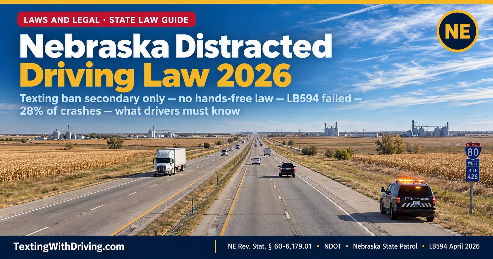 Nebraska distracted driving law 2026 I-80 through flat Nebraska plains with Nebraska State Patrol cruiser showing Nebraska texting ban as secondary offense only meaning officers cannot stop drivers for texting alone and Nebraska having no comprehensive hands-free law making it one of only four remaining states where texting is not a primary offense after LB594 was indefinitely postponed on April 17 2026 with 28 percent of Nebraska crashes attributed to distracted driving and 251 deaths on Nebraska roads in 2024 highest rate in 17 years