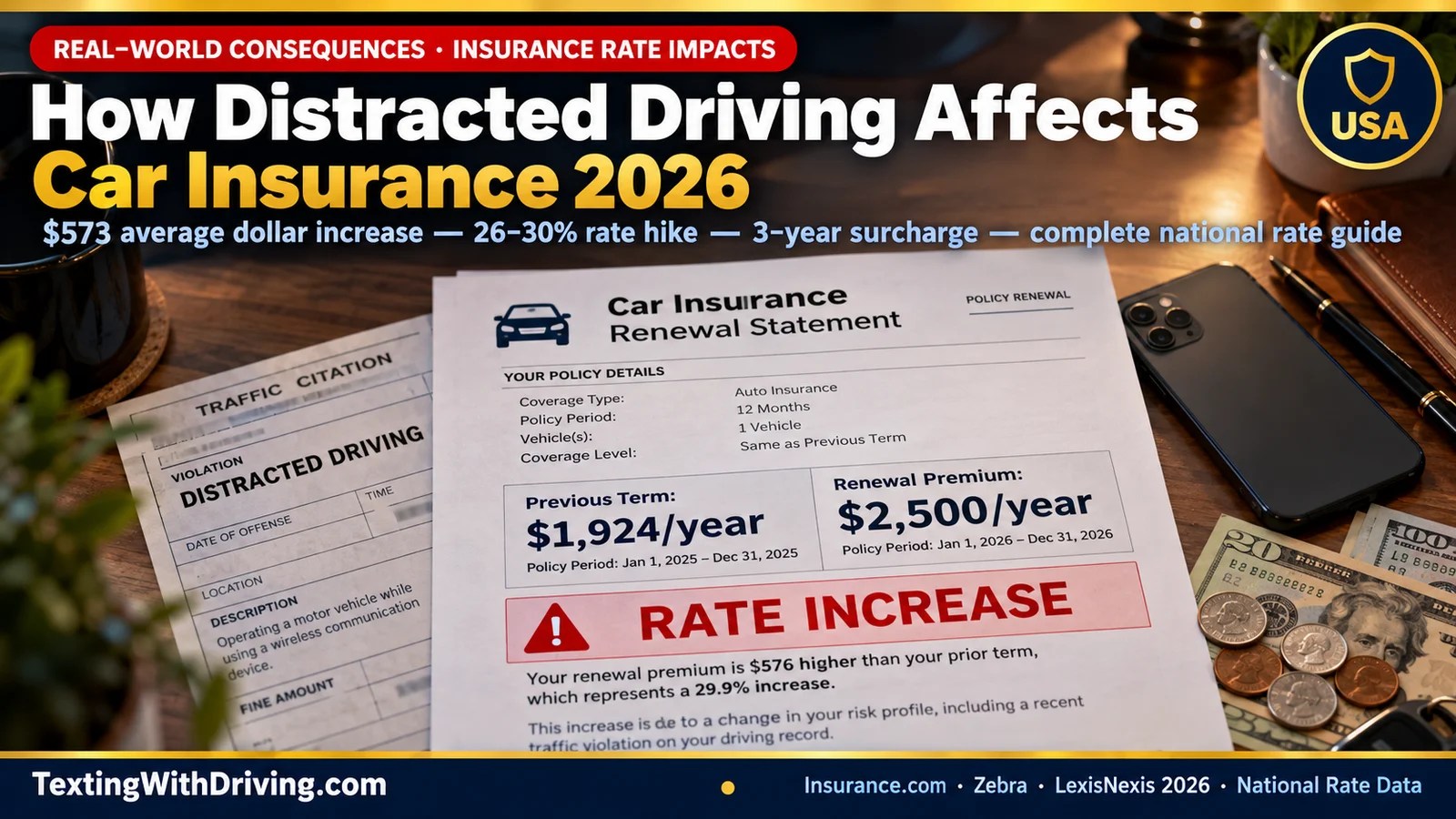How distracted driving affects car insurance 2026 home desk with insurance renewal statement showing rate increase alongside distracted driving traffic citation showing Insurance.com data that a distracted driving ticket produces an average 30 percent rate increase and 576 dollar annual premium increase with national average full coverage premium of 2637 dollars in 2026 and LexisNexis 2026 Auto Insurance Trends Report showing bodily injury costs rose from less than 20 percent to more than 26 percent of all auto insurance claim dollars between 2022 and 2025 driven by the 57 percent increase in distracted driving violations